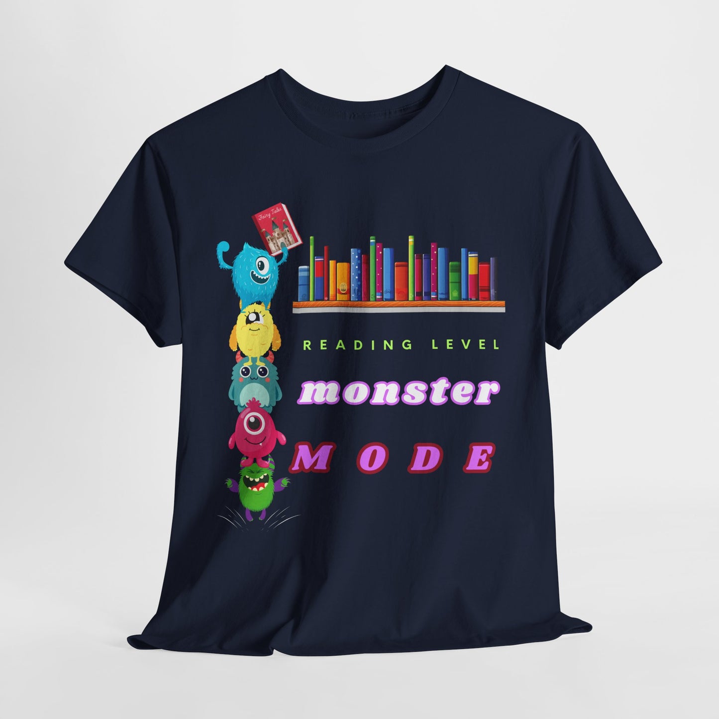 Teen/Adult Unisex “Reading Level: Monster Mode” Tee – Funny Stacked Monster Shirt for Relentless Readers