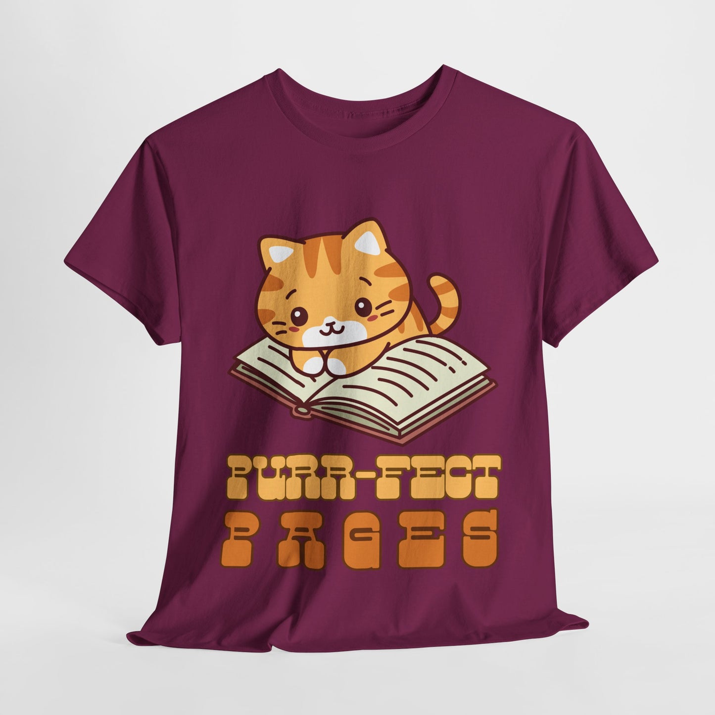 Teen/Adult Unisex “Purr-fect Pages” Cat Lover Reading Tee – Cute Bookish Cat Shirt