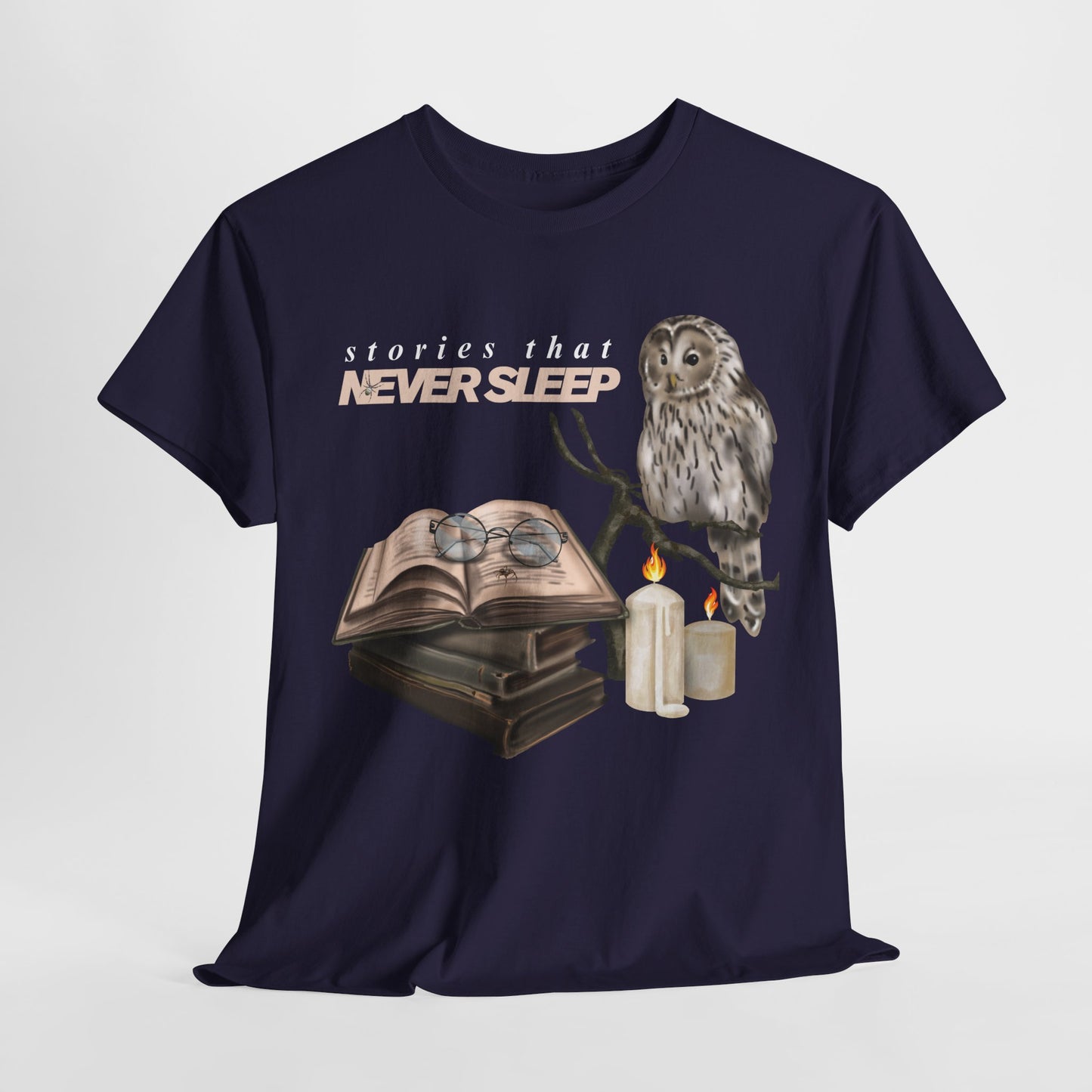 Teen/Adult Unisex "Stories That Never Sleep" Owl & Candlelight Book T-Shirt – Cozy Night Reader Tee