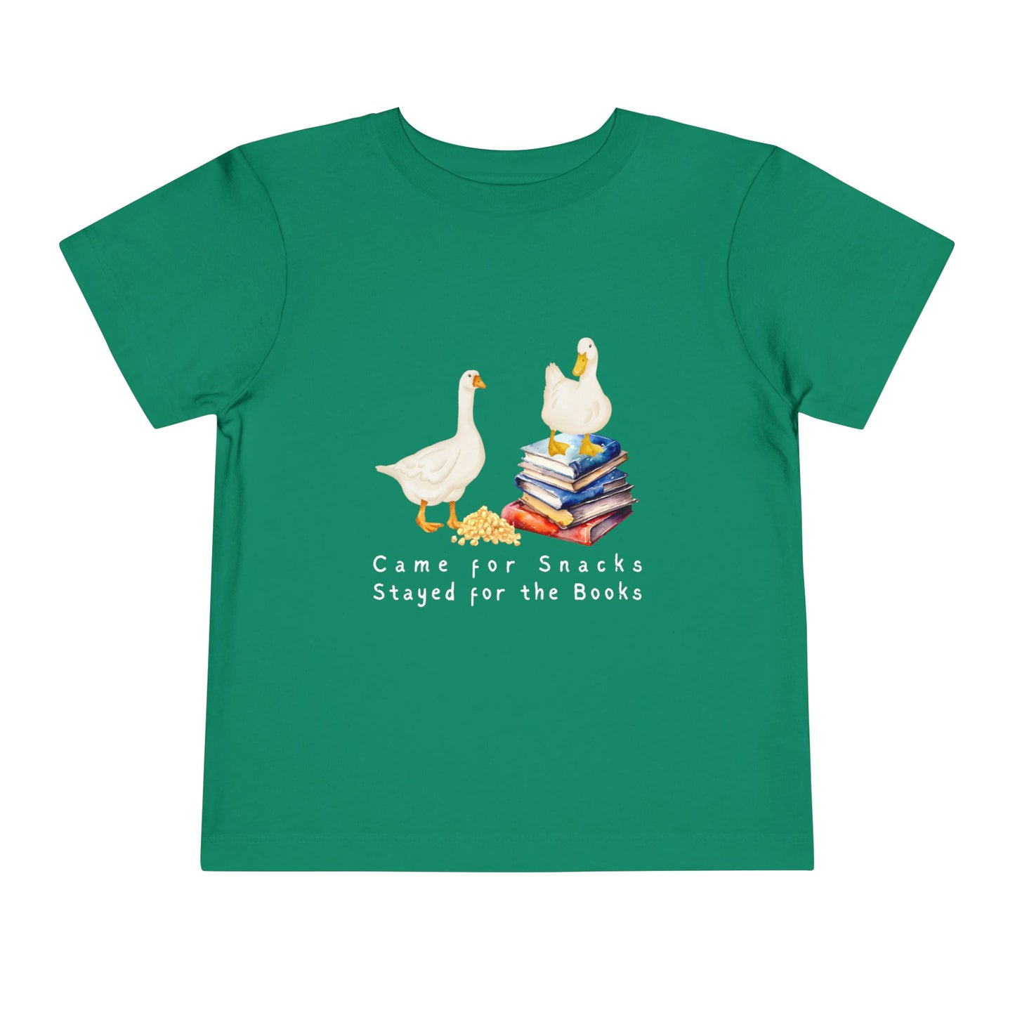 Green toddler t-shirt with cartoon ducks, books and text 'Came for Snacks, Stayed for the Books'