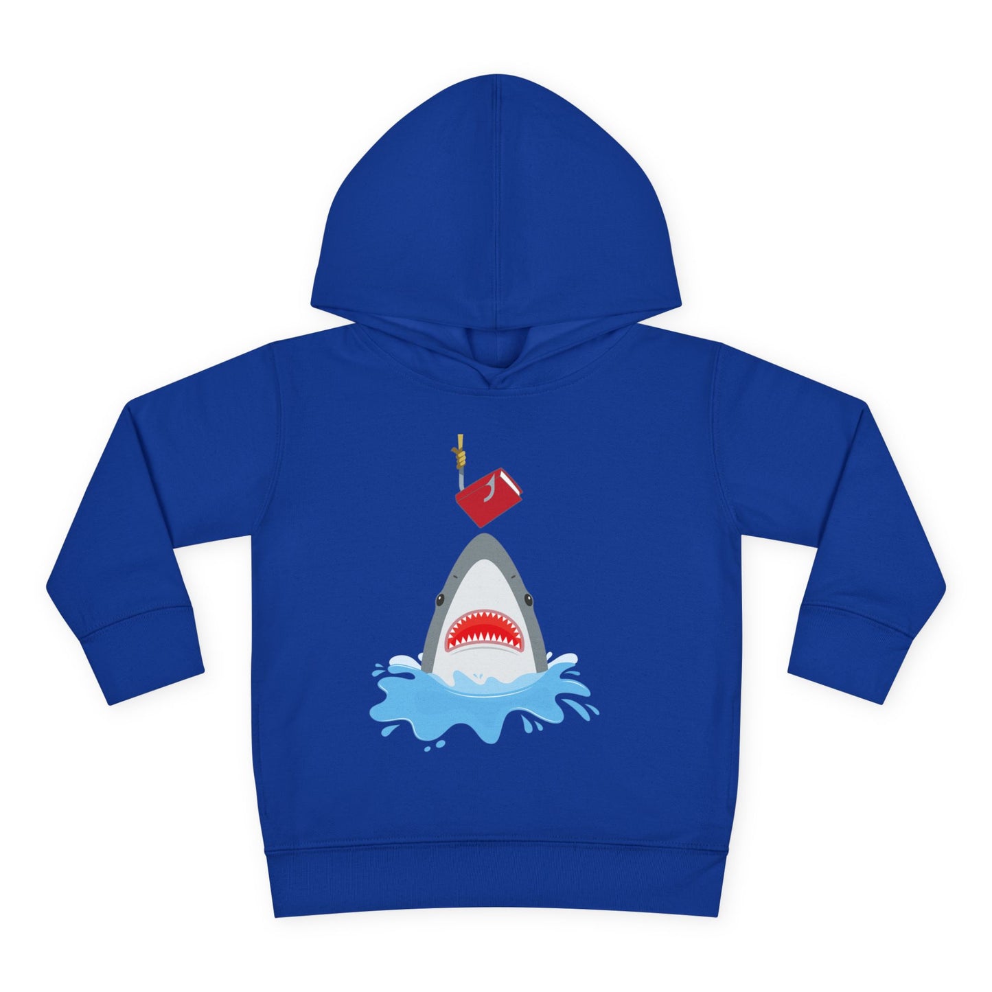 Blue toddler hoodie with a shark graphic jumping out of the water to catch a red book on a hook
