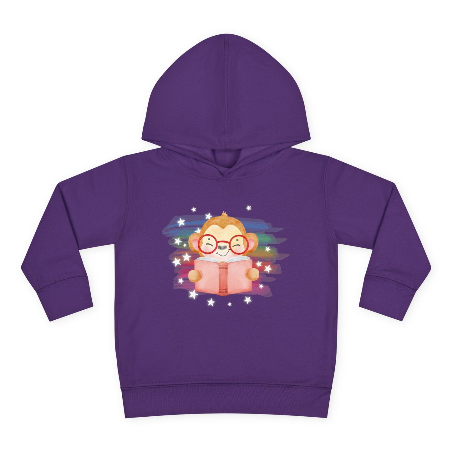 Purple toddler hoodie with a cartoon monkey wearing glasses, reading a book and surrounded by stars