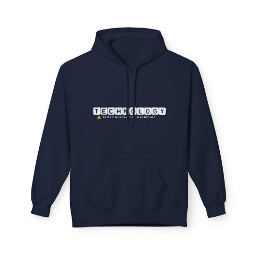 Navy hoodie with the word “TECHNOLOGY” spelled out in white key-style blocks and the phrase “Human Behind the Hardware” below in small text.