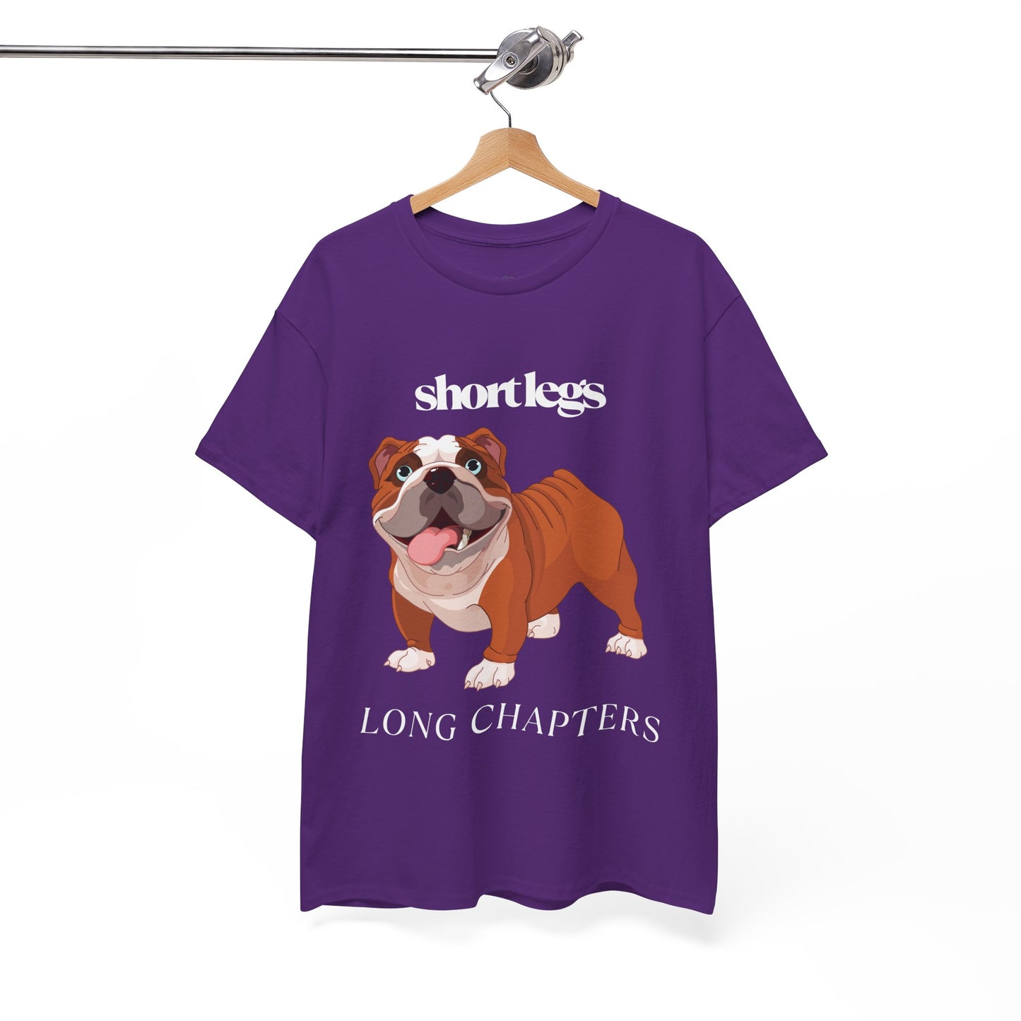 Purple t-shirt with a happy bulldog and text 'Short Lets, Long Chapters'