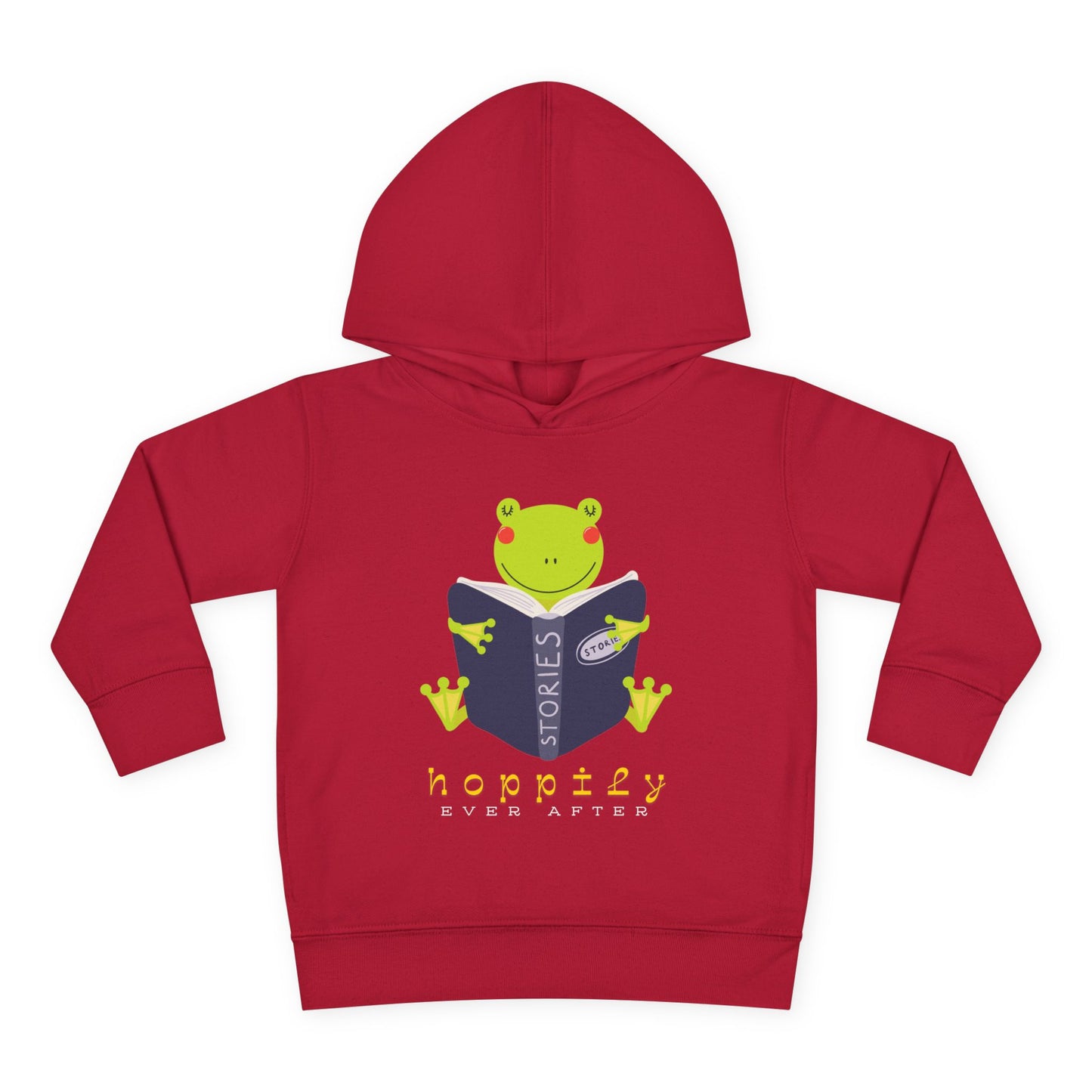 Red toddler hoodie with a frog hugging an open book and text 'hoppily ever after'