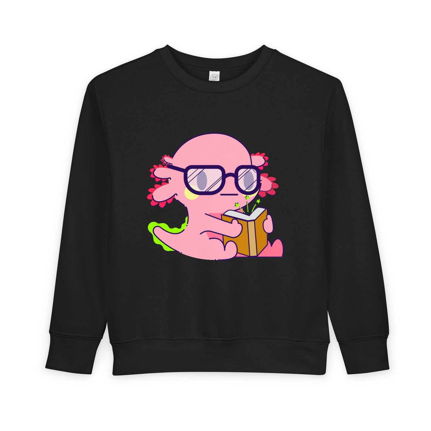 Black toddler sweatshirt with a pink axolotl character holding a book and wearing glasses