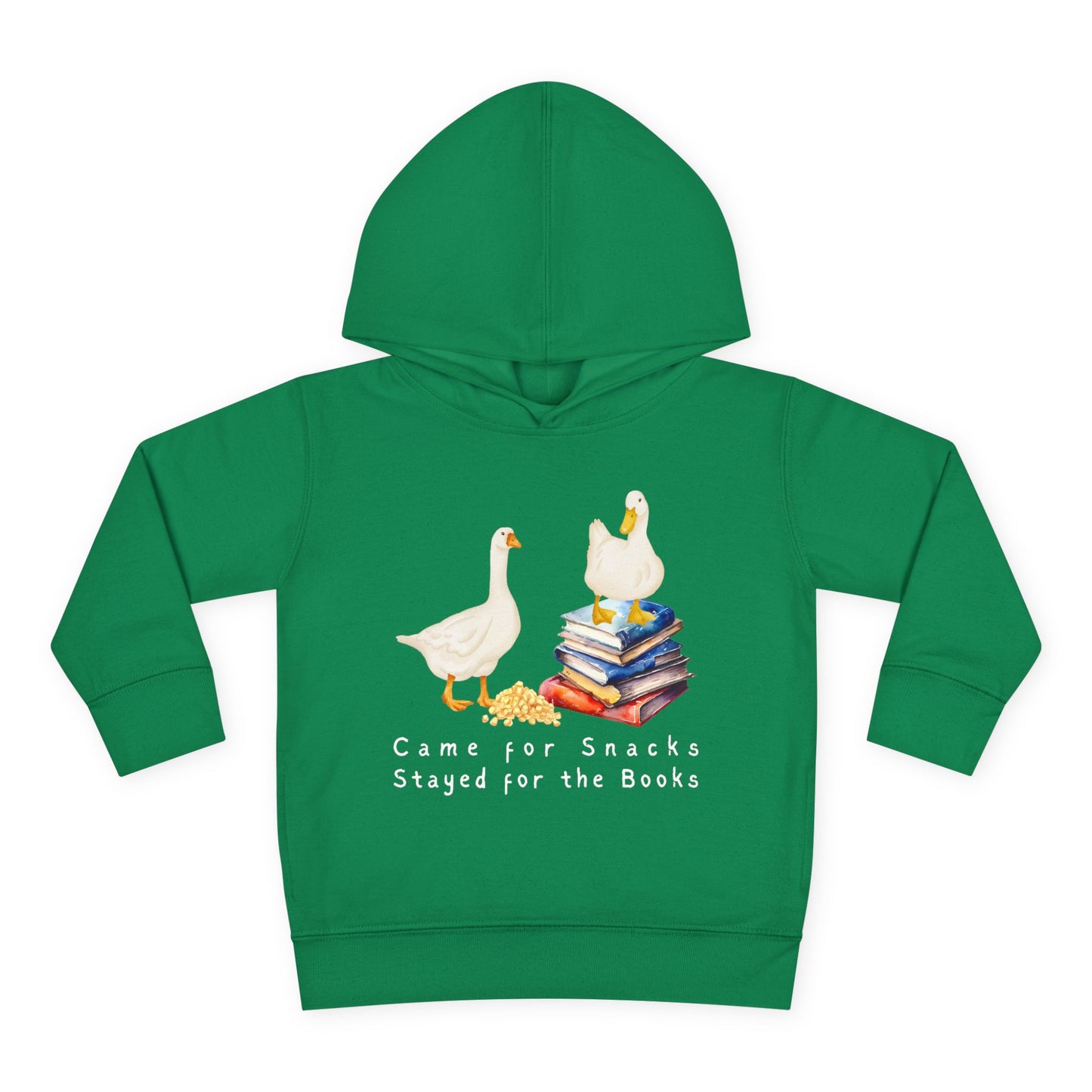 Green toddler hoodie with ducks, snacks and a stack of books, text 'Came for Snacks, Stayed for the Books'