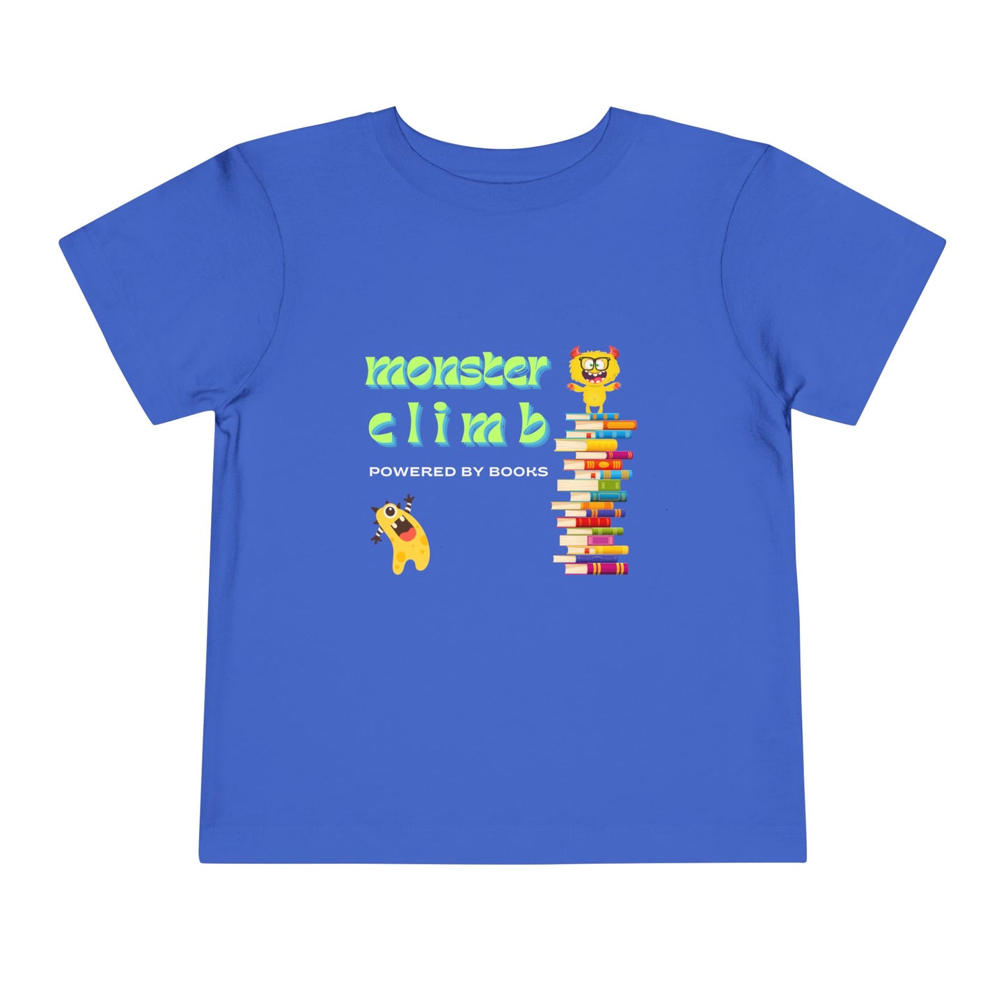 Blue toddler t-shirt with a monster on top of a colorful stack of books, another monster cheering him on and text 'Monster Climb Powered By Books'