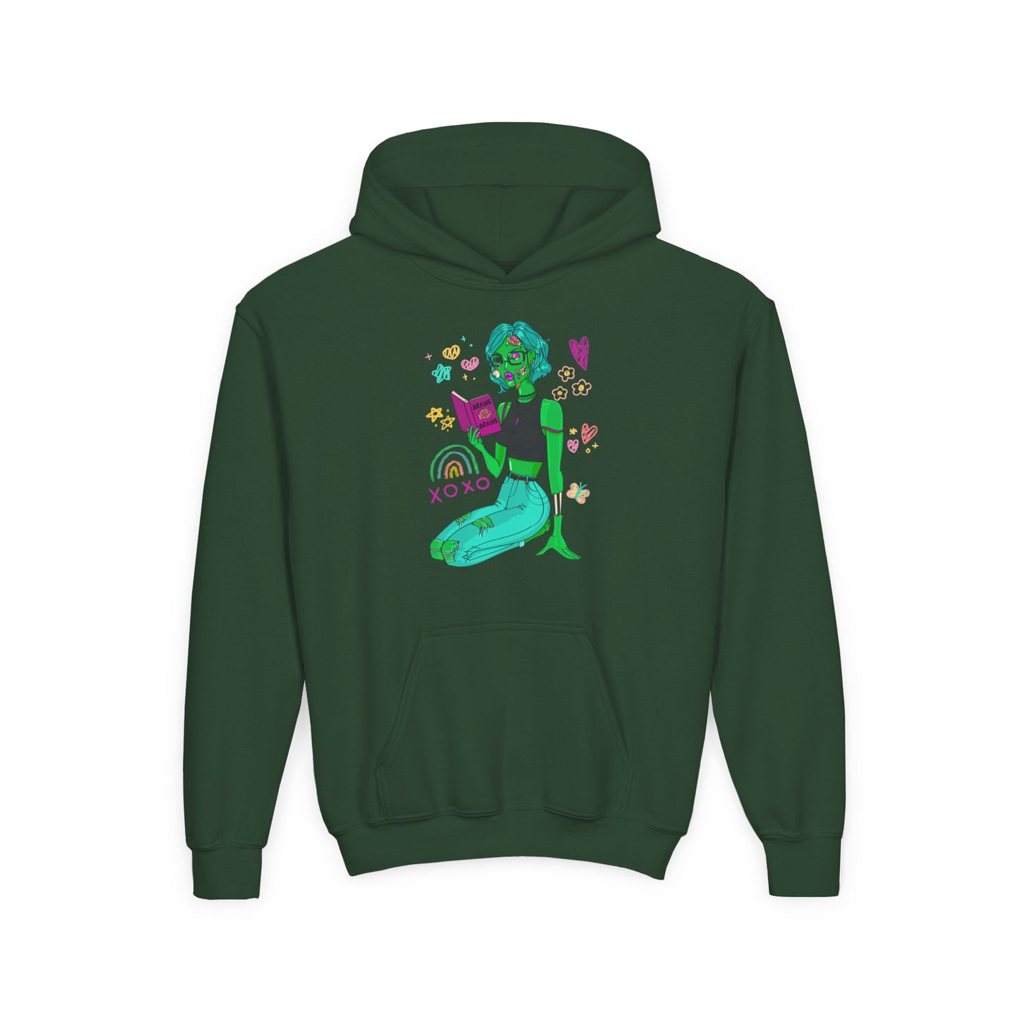 Dark green hoodie with a colorful reading zombie surrounded by doodles