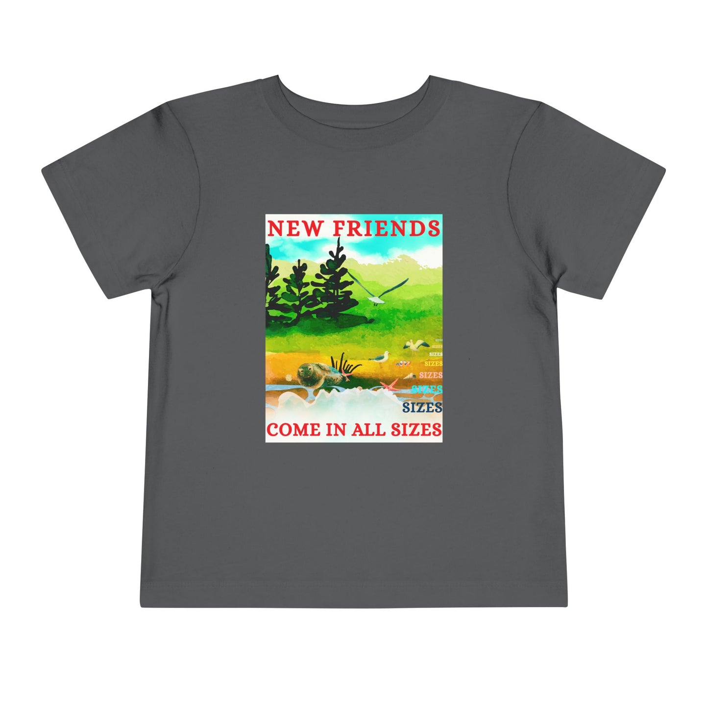 Gray toddler t-shirt with a colorful nature beach scene and text 'New Friends Come in All Sizes'