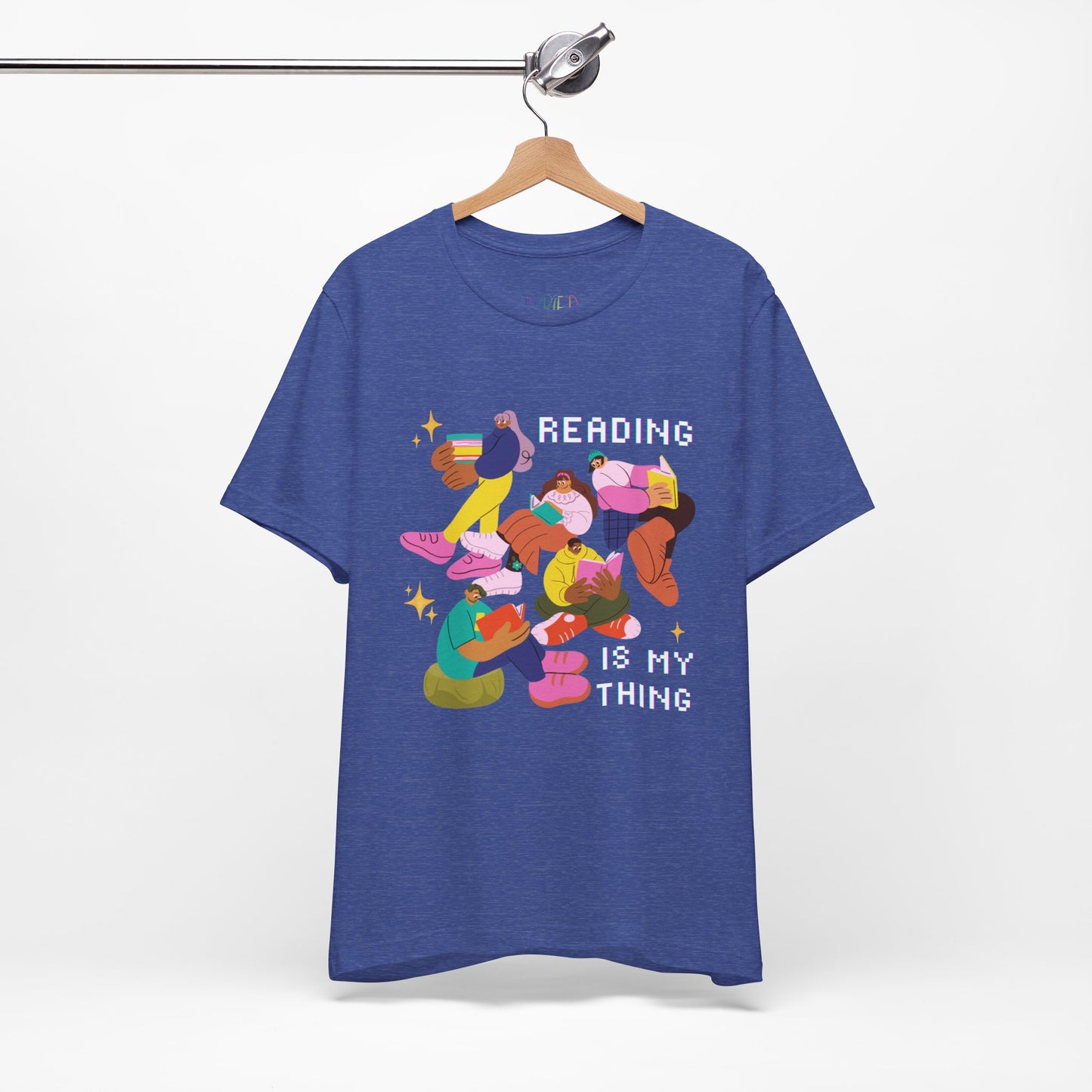 Blue t-shirt with colorful modern people reading books and 'Reading is my thing' text