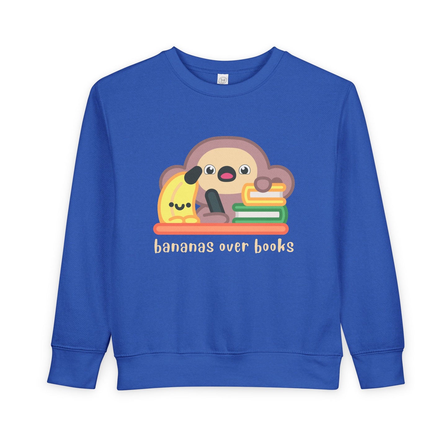 Blue toddler sweatshirt with a cartoon monkey and banana writing desk design