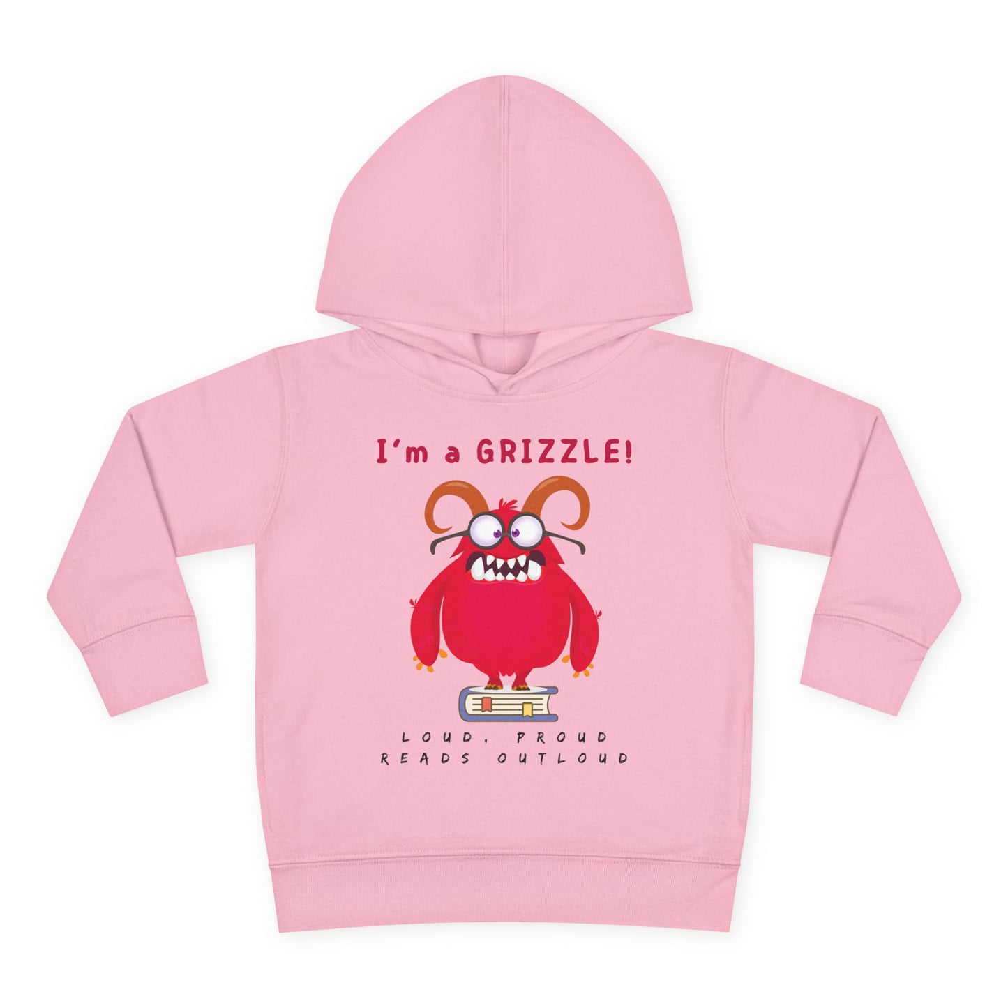 Pink toddler hoodie with a red monster standing on a book and text' I'm a Grizzle'