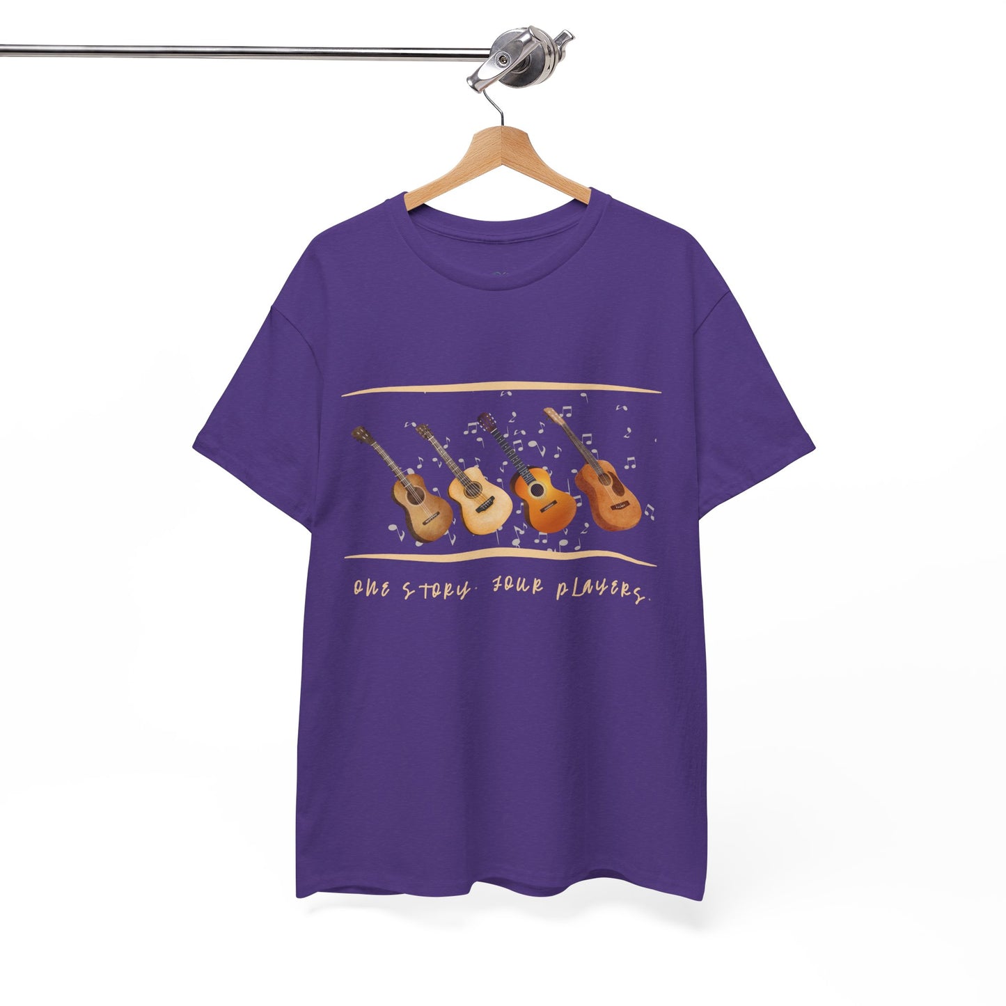 Purple t-shirt with four guitars and text 'one story, four players'