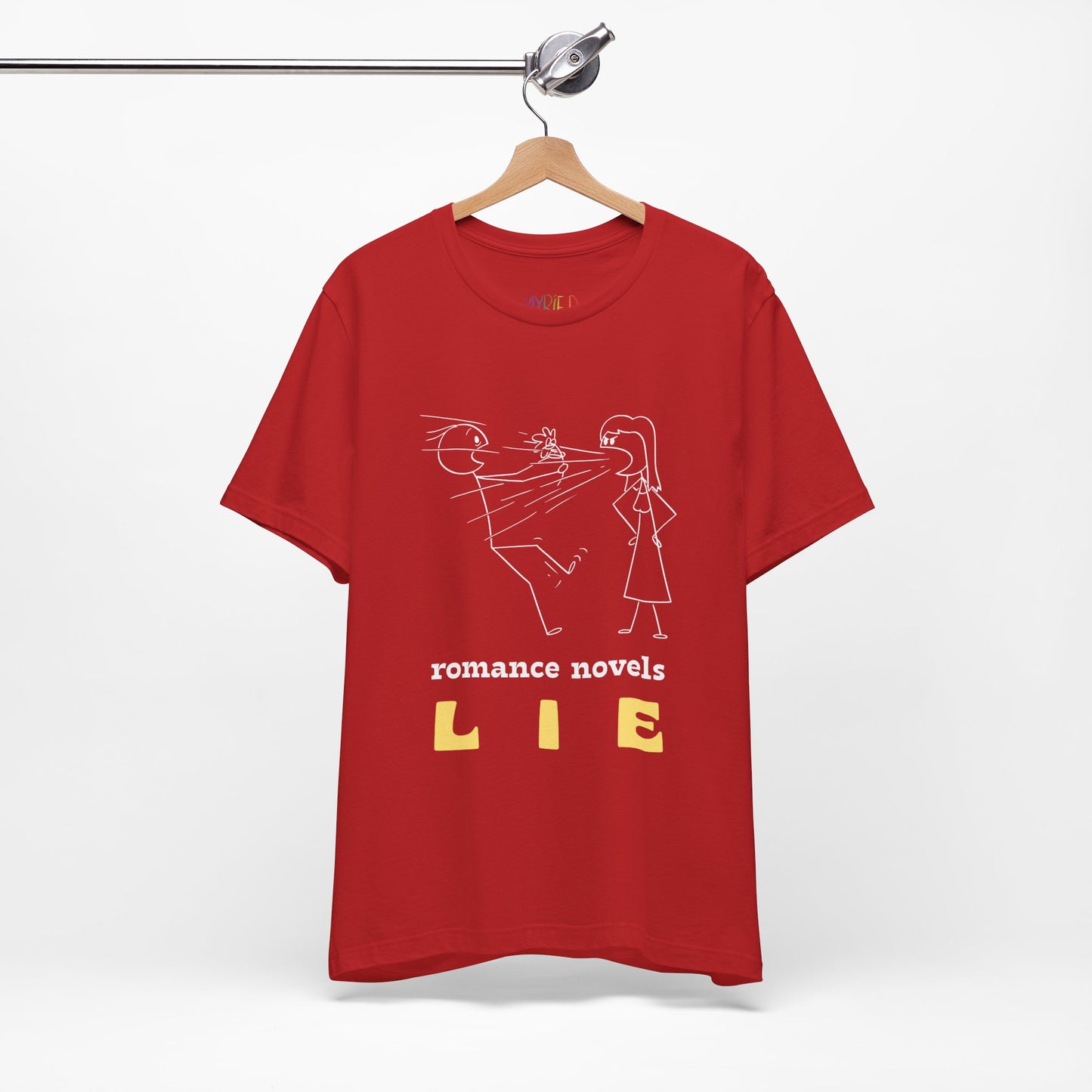 Red t-shirt with a stick figure couple, the woman is yelling at the man holding flowers and text says 'Romance Novels Lie'