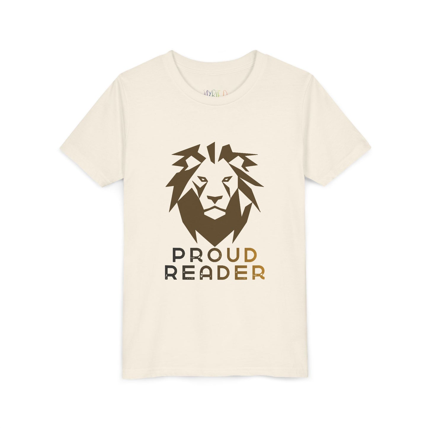 Beige t-shirt with a brown lion and colorful text 'Proud Reader'