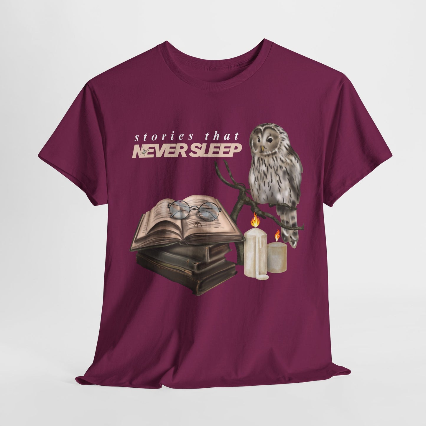 Teen/Adult Unisex "Stories That Never Sleep" Owl & Candlelight Book T-Shirt – Cozy Night Reader Tee