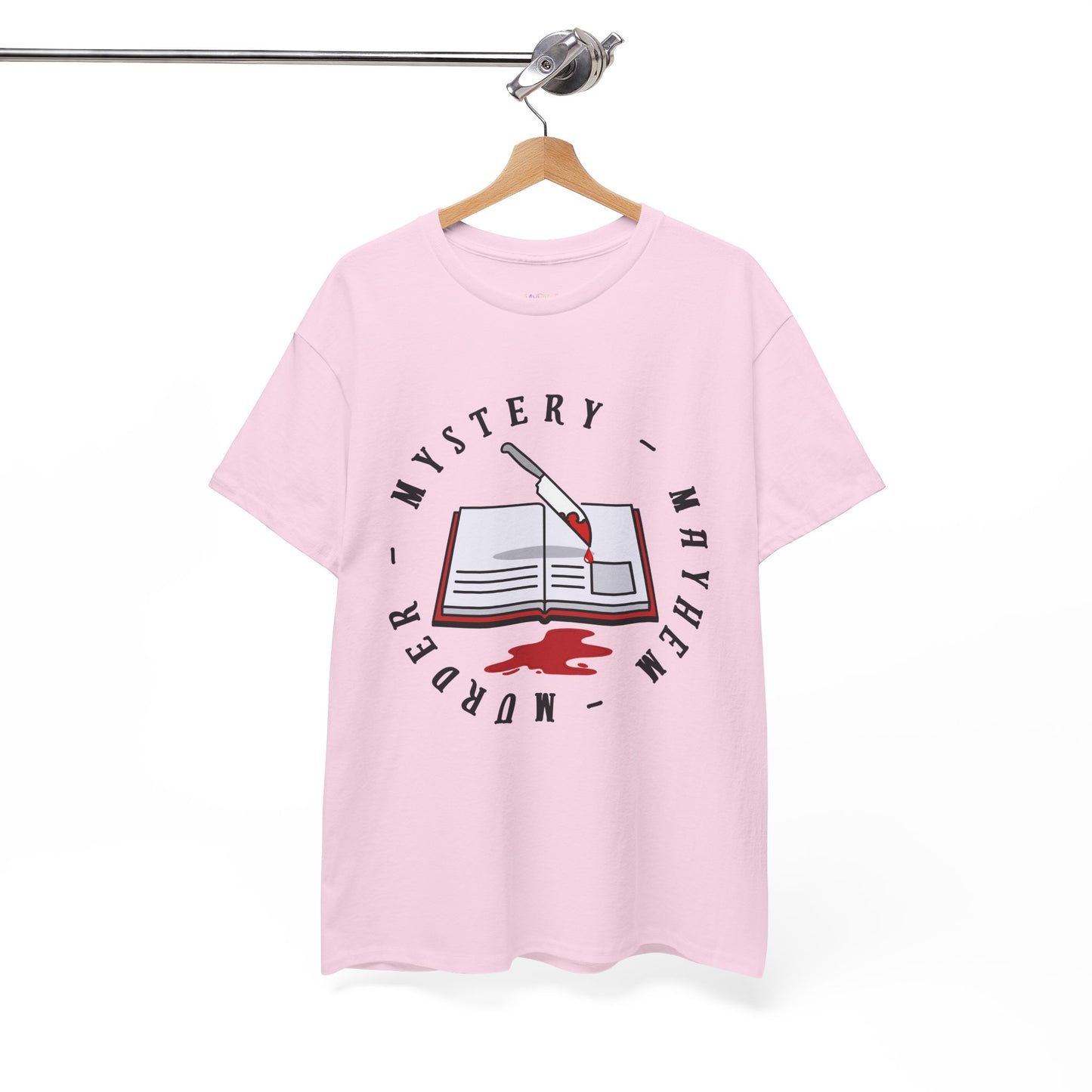 pink t-shirt with an open book, bloody knife and circular text 'Murder - Mystery - Mayhem'