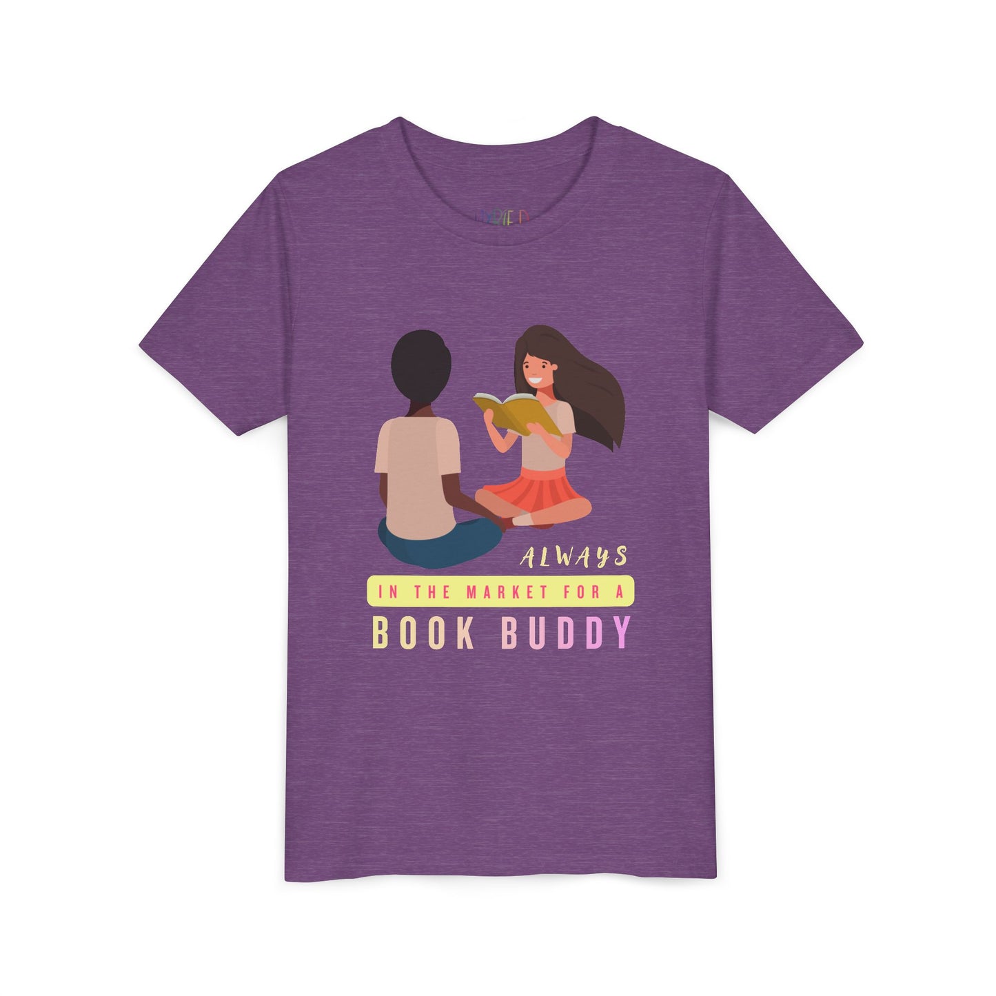 Purple t-shirt with graphic of two people reading a book and text 'Always in the market for a book buddy'