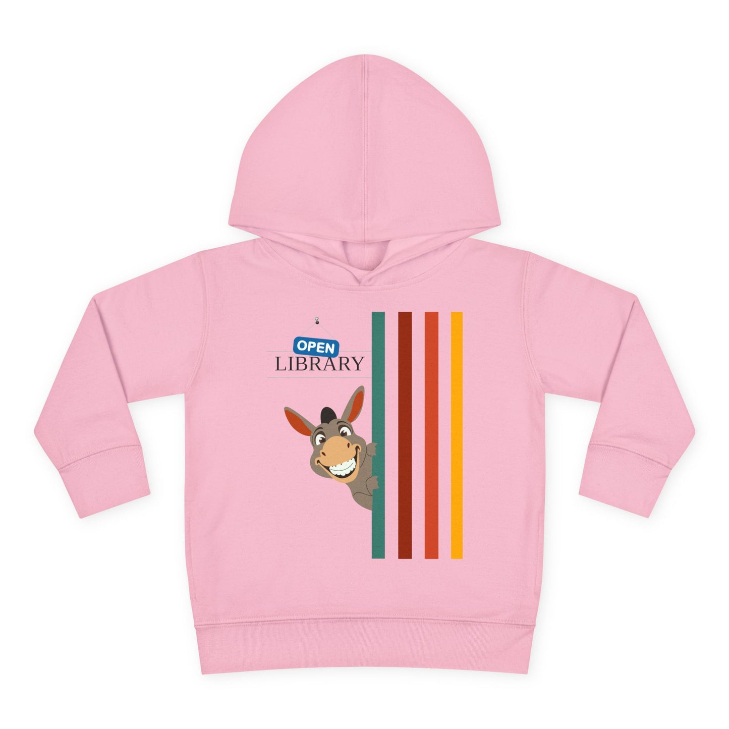 Pink toddler hoodie with a cartoon donkey peaking around a wall of rainbow strips and 'Open Library' signage