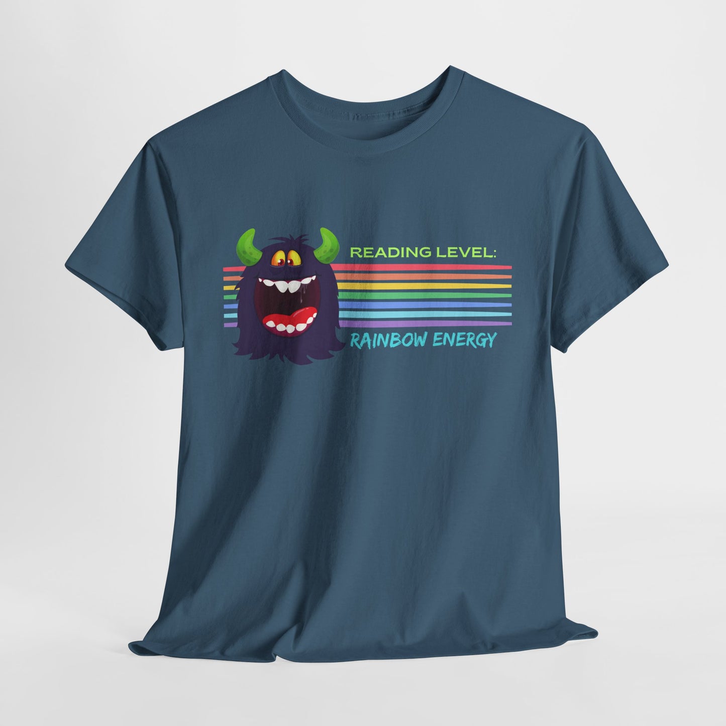Teen/Adult Unisex “Rainbow Energy” Reading Shirt – Retro Monster Tee for Vibrant Book Lovers