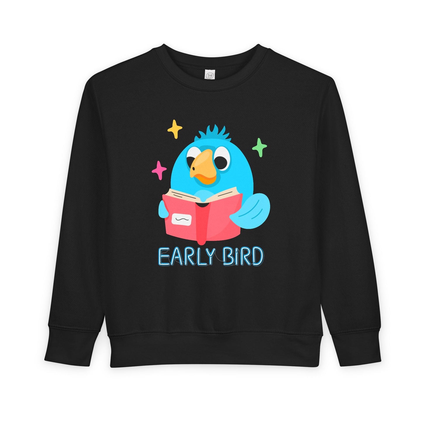 Black toddler sweatshirt featuring a cheerful blue bird reading a red book with colorful stars around it and the words 'Early Bird' on a white background