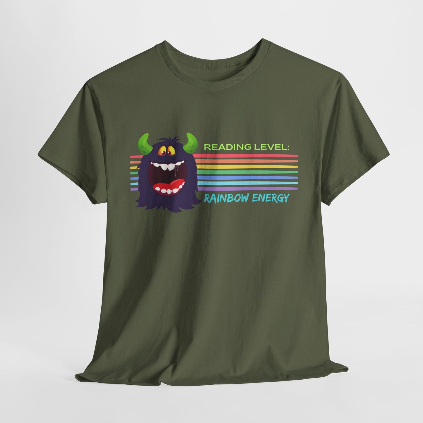 Teen/Adult Unisex “Rainbow Energy” Reading Shirt – Retro Monster Tee for Vibrant Book Lovers