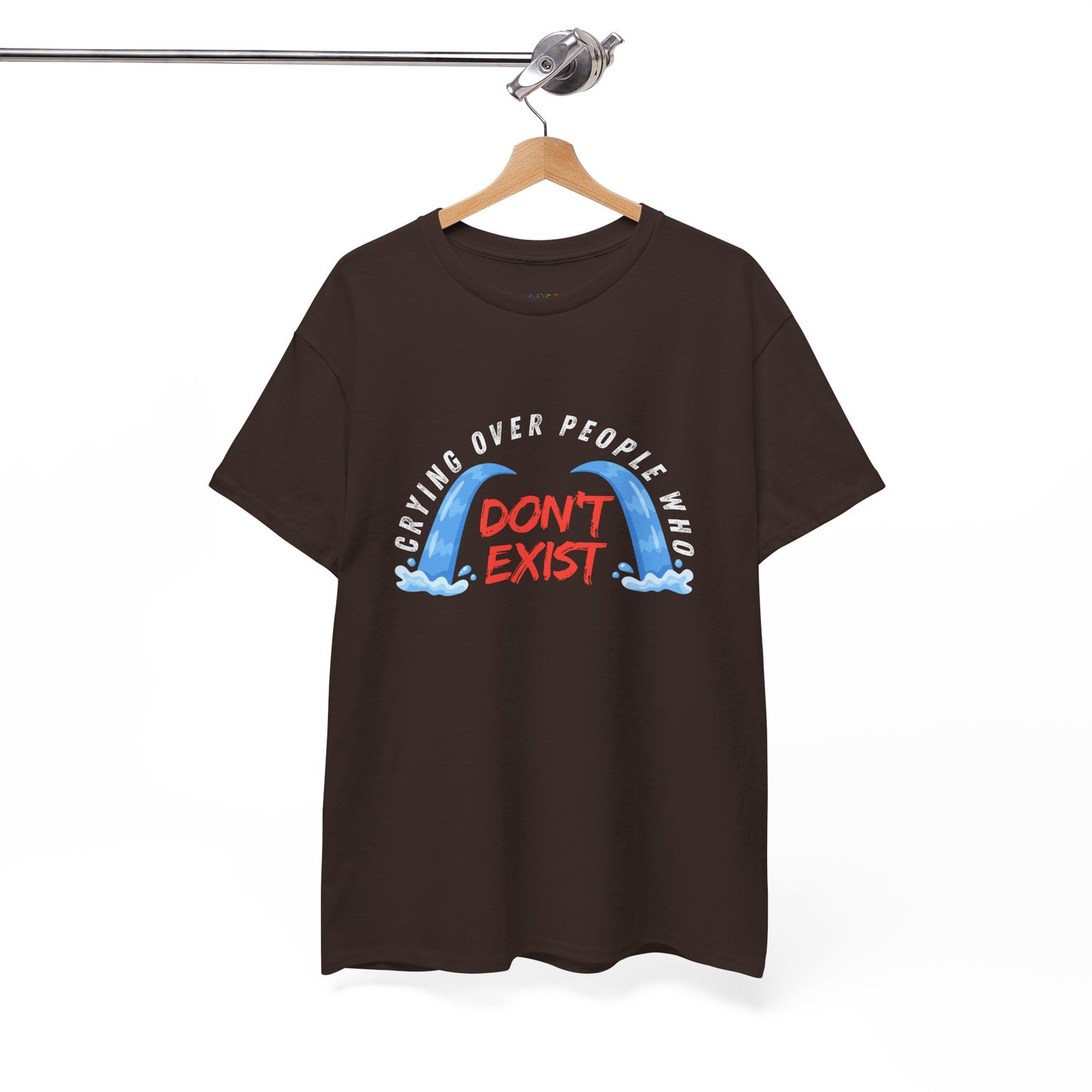 Chocolate t-shirt with graphic design of two waterfalls and text 'Crying Over People Who Don't Exist'