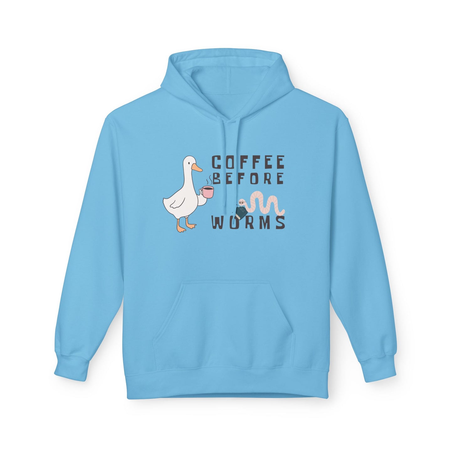 Teen/Adult Unisex Coffee Before Worms Hoodie – Funny Duck & Bookworm Morning Design