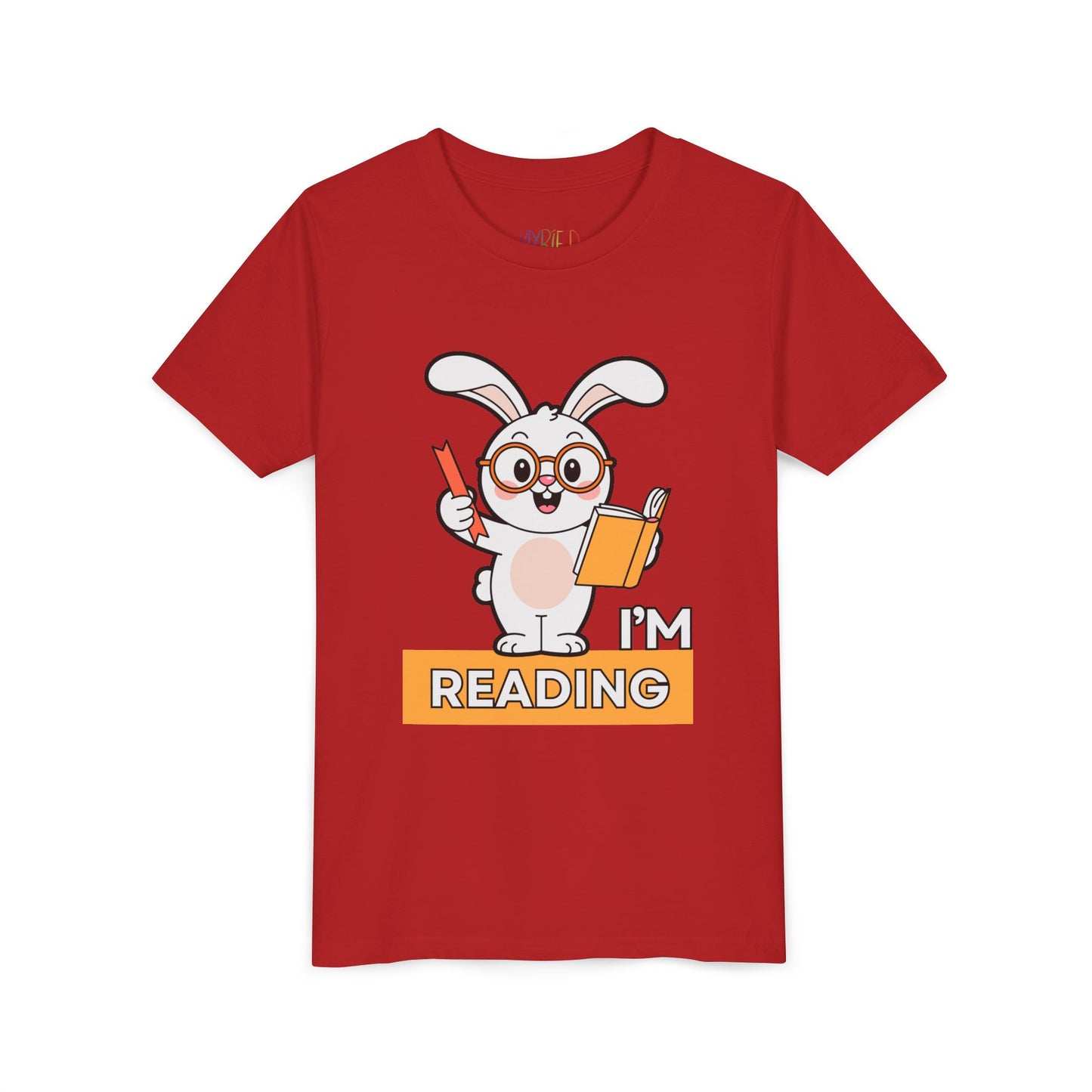 Red t-shirt with a cartoon bunny holding a bookmark and a book, with 'I'm Reading' text