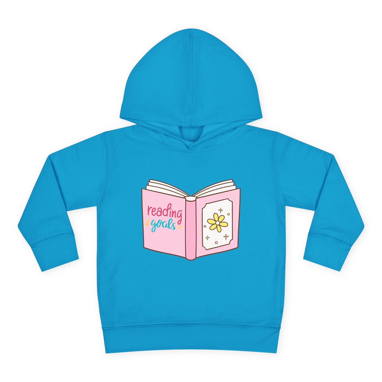 Turquoise toddler hoodie with an open pink book and text 'reading goals'