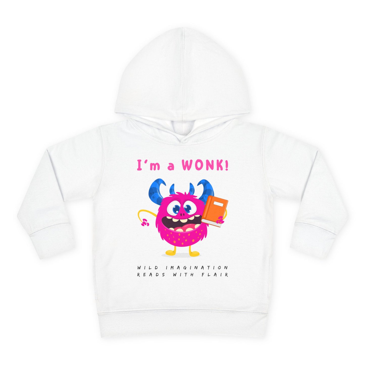white toddler hoodie with a cartoon monster holding a book and text 'I'm a Wonk!'