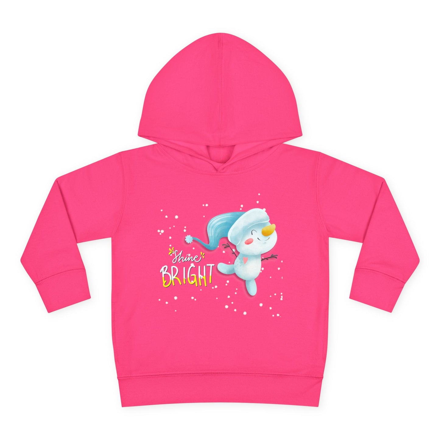 Pink toddler hoodie with a snowman dancing through the snow graphic and 'Shine Bright' text on a white background