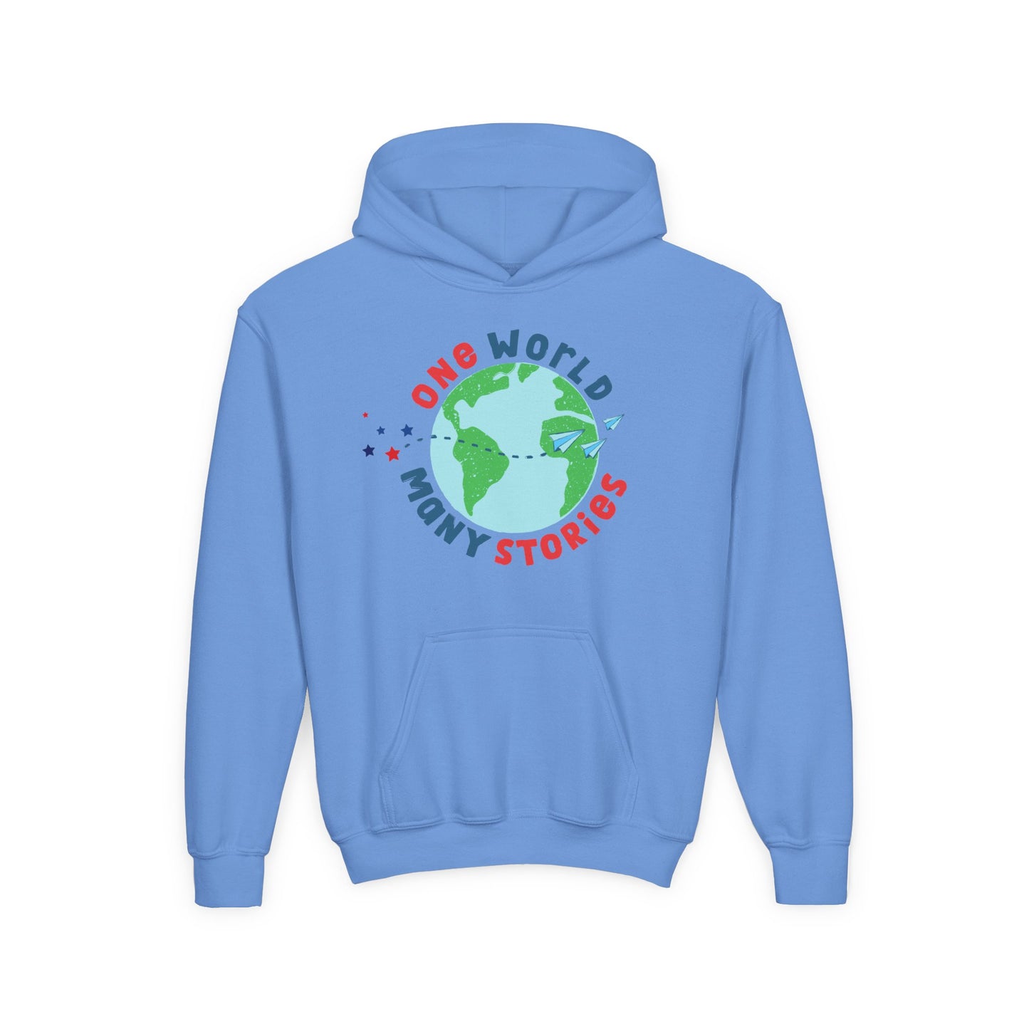 Blue hoodie with a graphic of the Earth and 'One World Many Stories' text