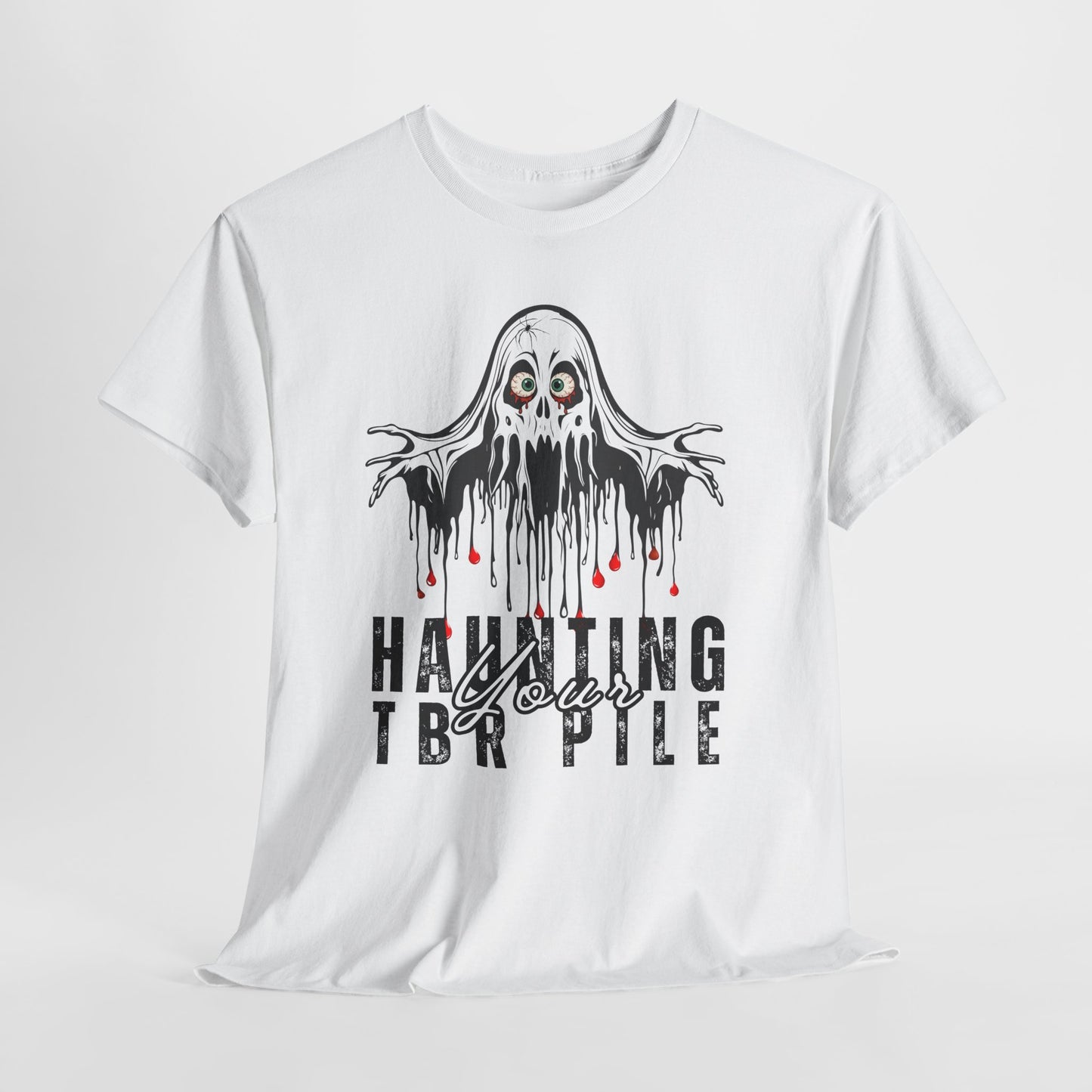 Teen/Adult Unisex Haunting Your TBR Pile T-Shirt – Horror Reader Graphic Tee