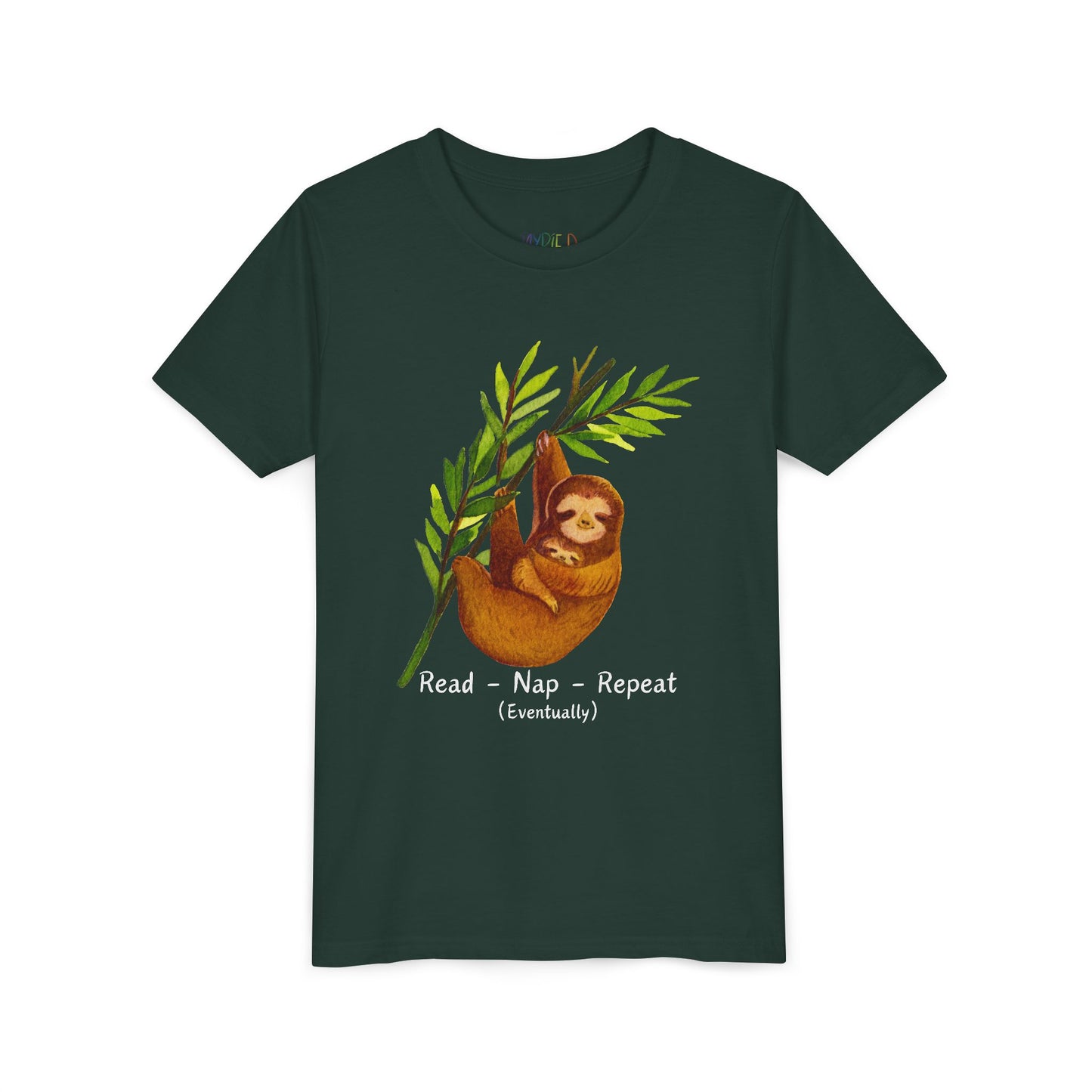 Youth Read – Nap – Repeat (Eventually) Tee – Sloth Book Shirt for Easygoing Young Readers