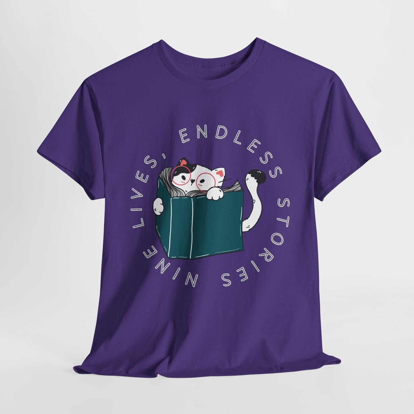 Teen/Adult Unisex "Nine Lives, Endless Stories" Cat & Book Graphic T-Shirt – Fun Reader Gift Tee