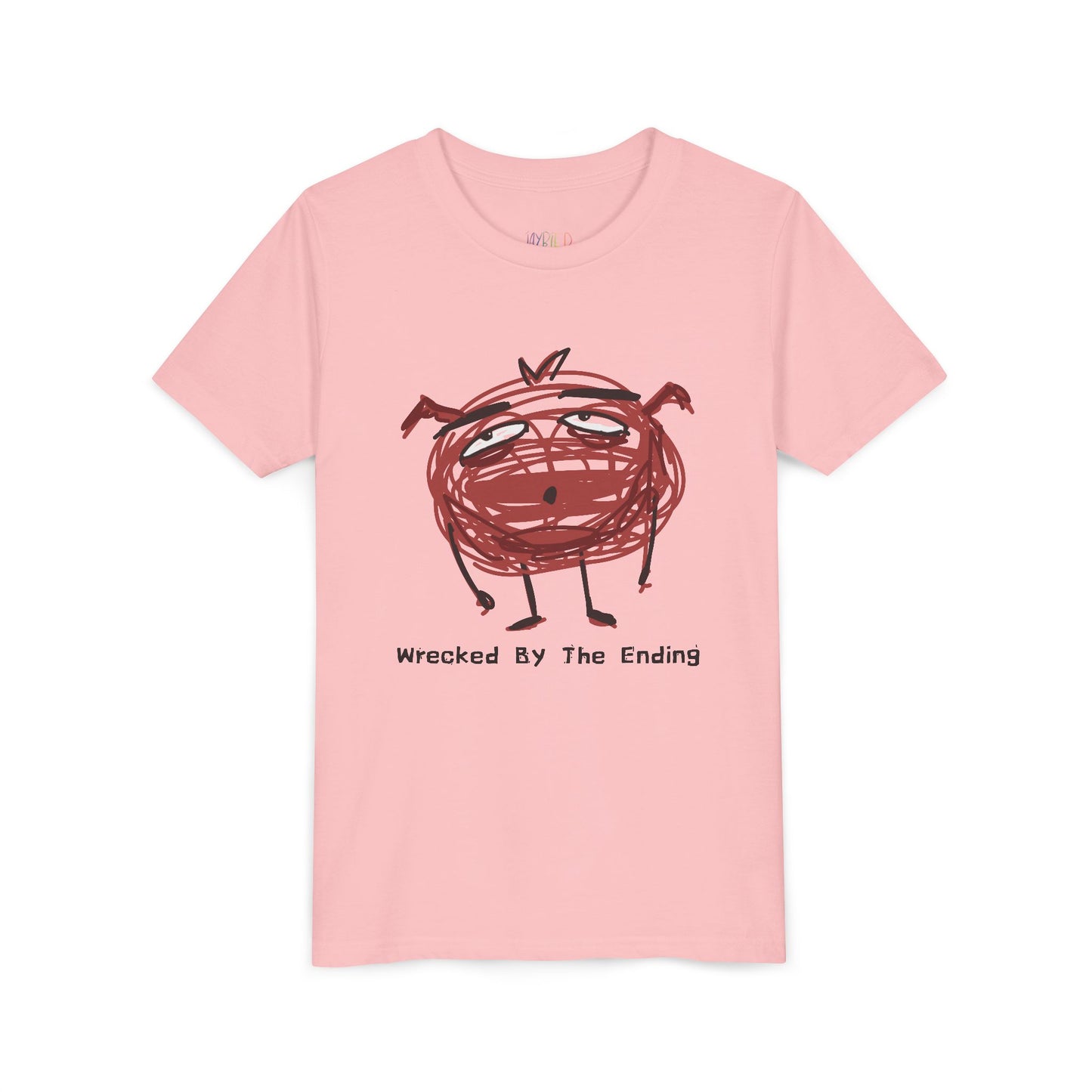 Pink t-shirt with a red scribbled character and text 'wrecked by the ending'