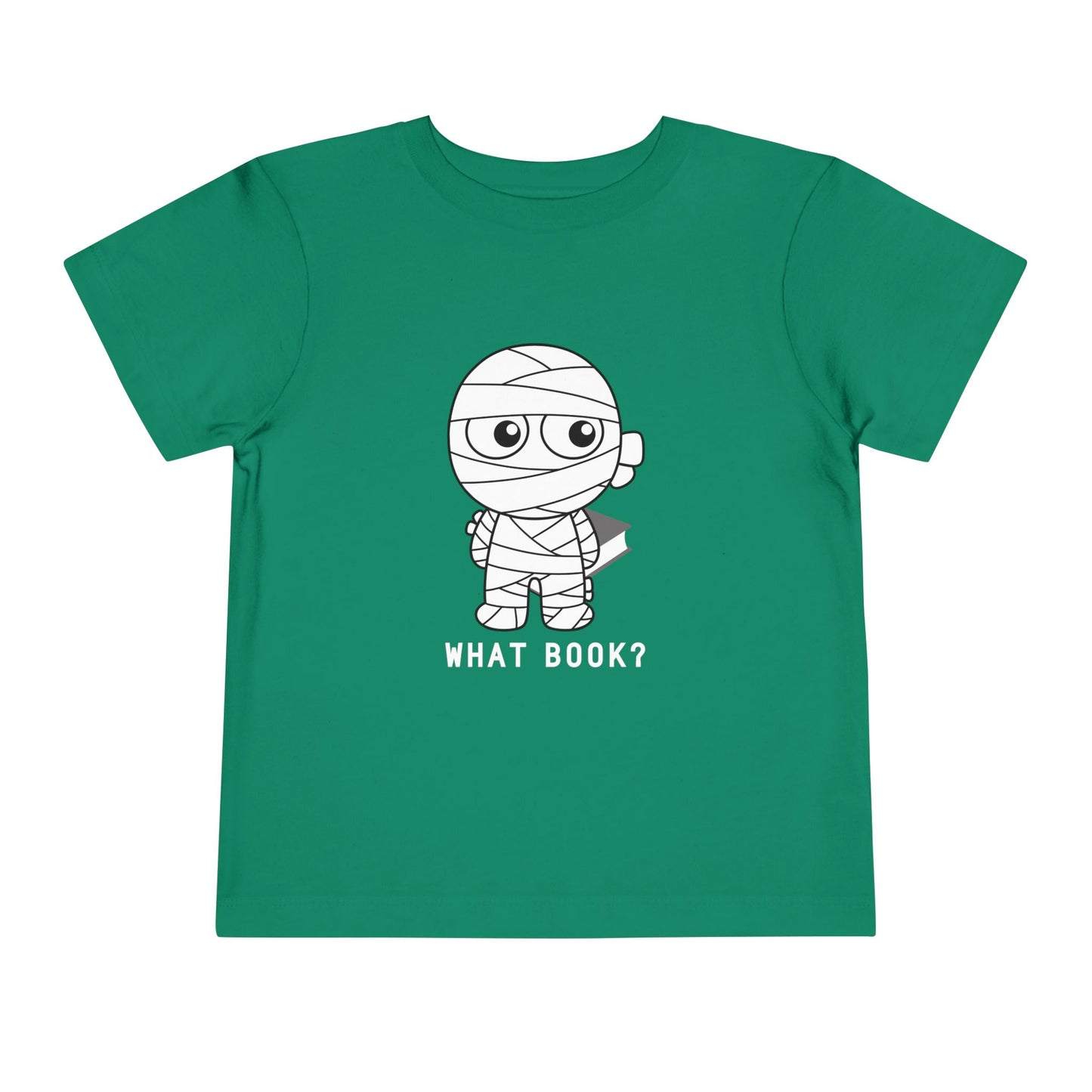 Green toddler t-shirt with a sheepish mummy holding a book behind it's back and text 'WHAT BOOK?'