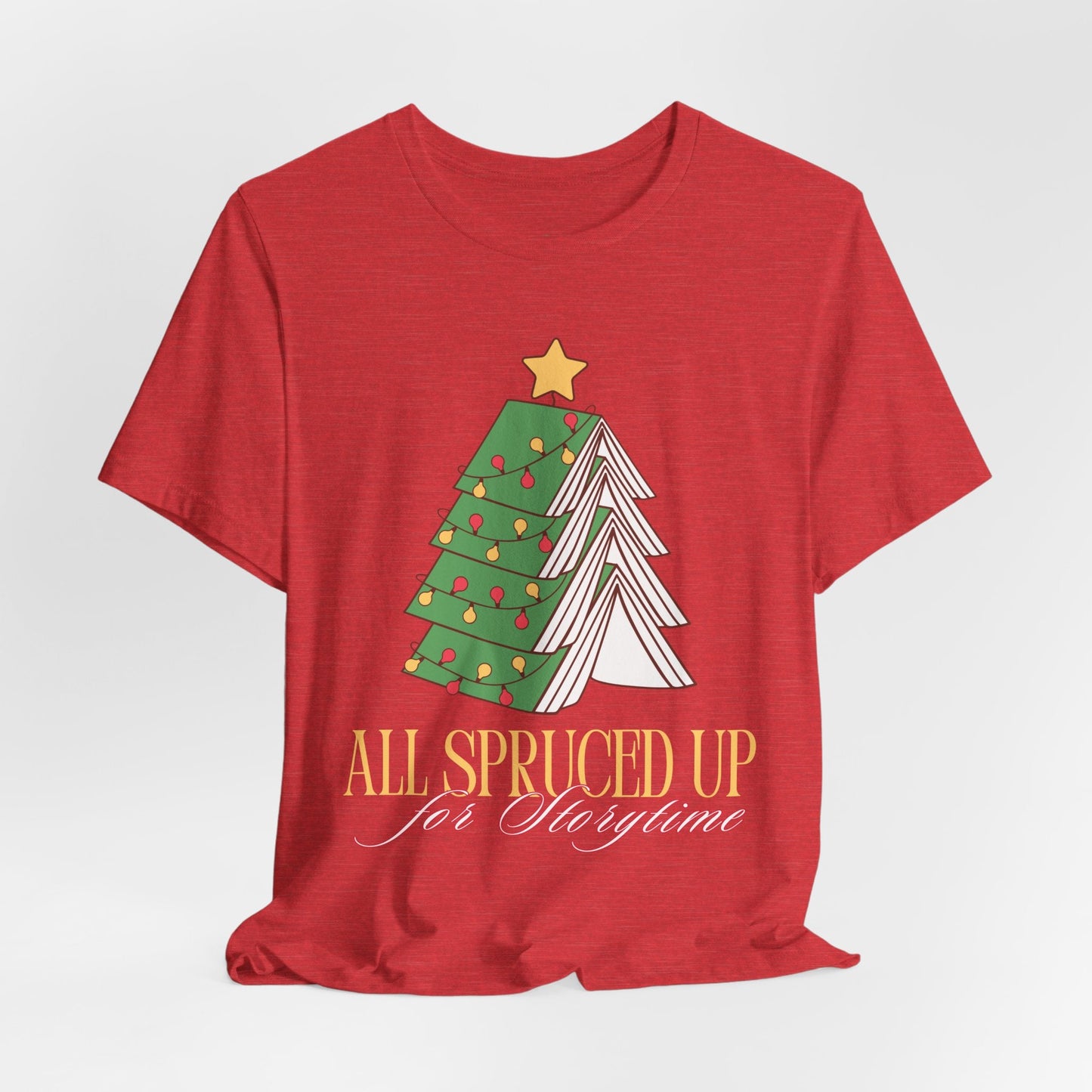 Teen/Adult Unisex All Spruced Up for Storytime T-Shirt – Bookish Christmas Tree Design Printify