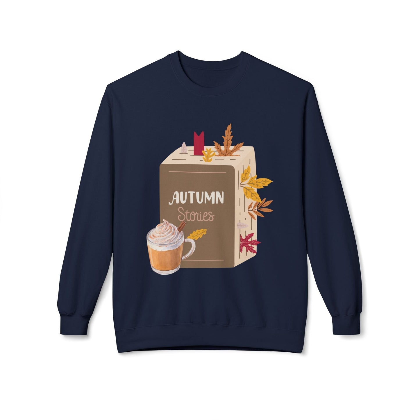 Teen/Adult Unisex Autumn Stories Sweatshirt – Fall Book Lover Crewneck with Coffee & Leaves Printify
