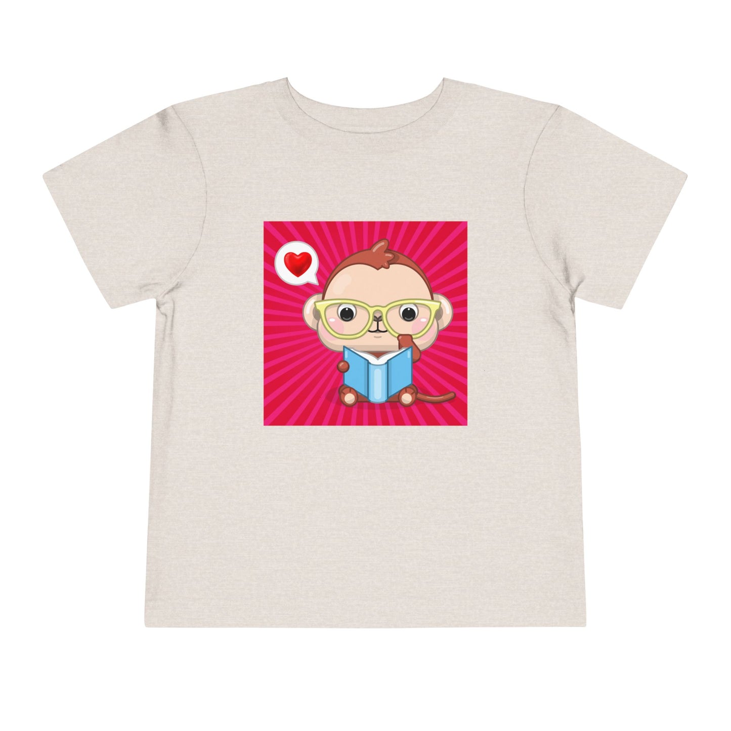 Tan t-shirt with a cartoon monkey in yellow eye glasses, reading a book, a heart thought bubble and red background