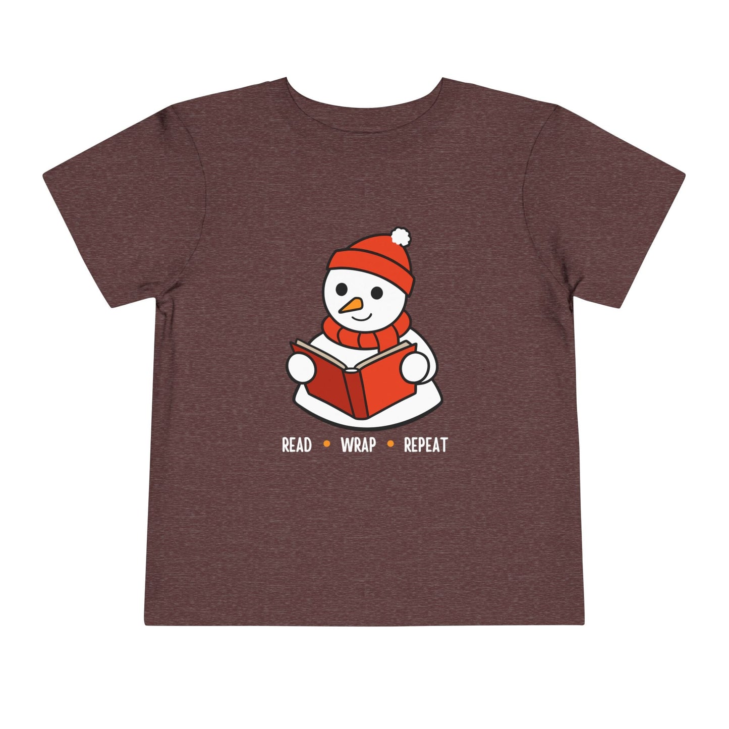 Maroon toddler t-shirt with a snowman reading a book design, and text 'Read, Wrap, Repeat' on a white background