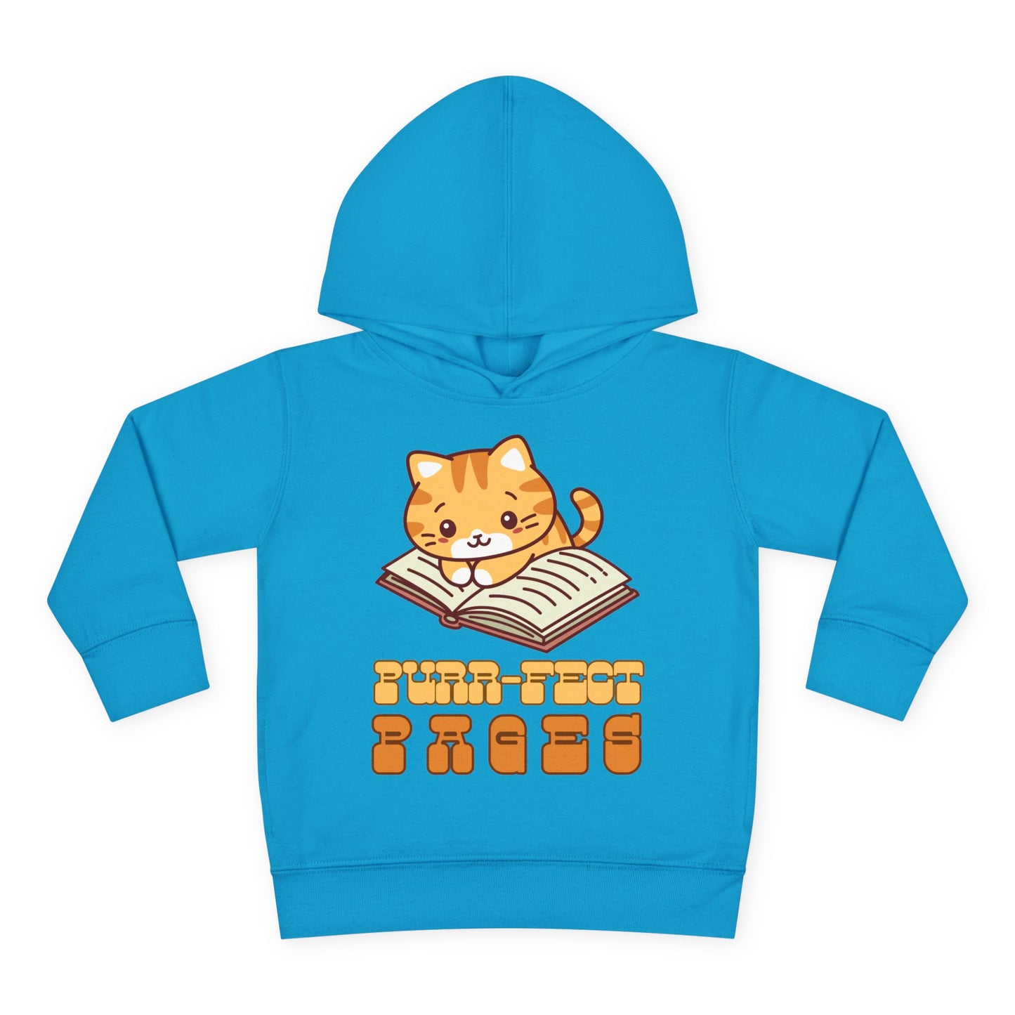 Turquoise toddler hoodie with a cat graphic laying on a book and retro text 'Purr-fect Pages'