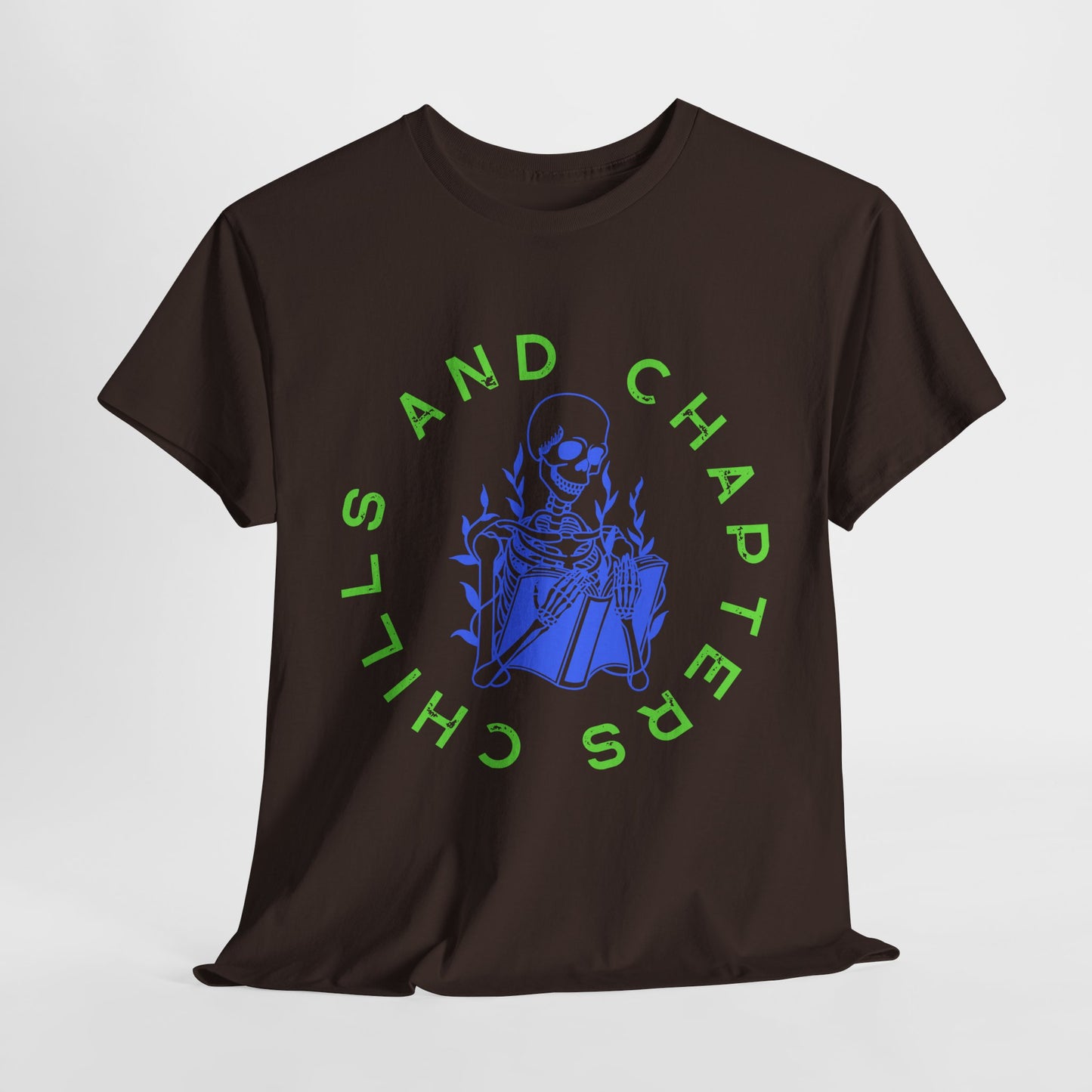 Teen/Adult Unisex Chills and Chapters T-Shirt β Skeleton Horror Reader Graphic Tee