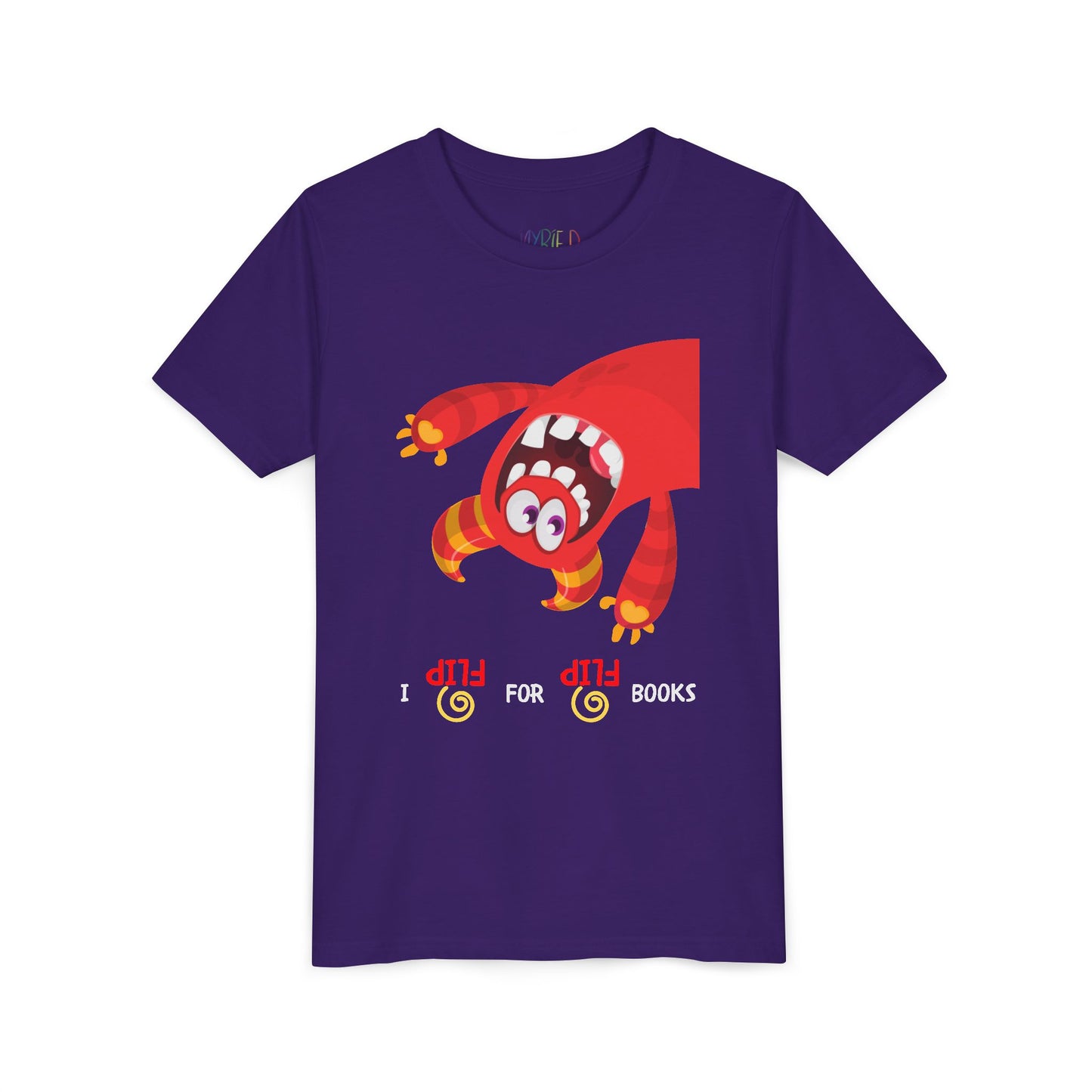 Purple t-shirt with an upside down red monster cartoon character and playful text 'I FLIP FOR FLIP BOOKS'