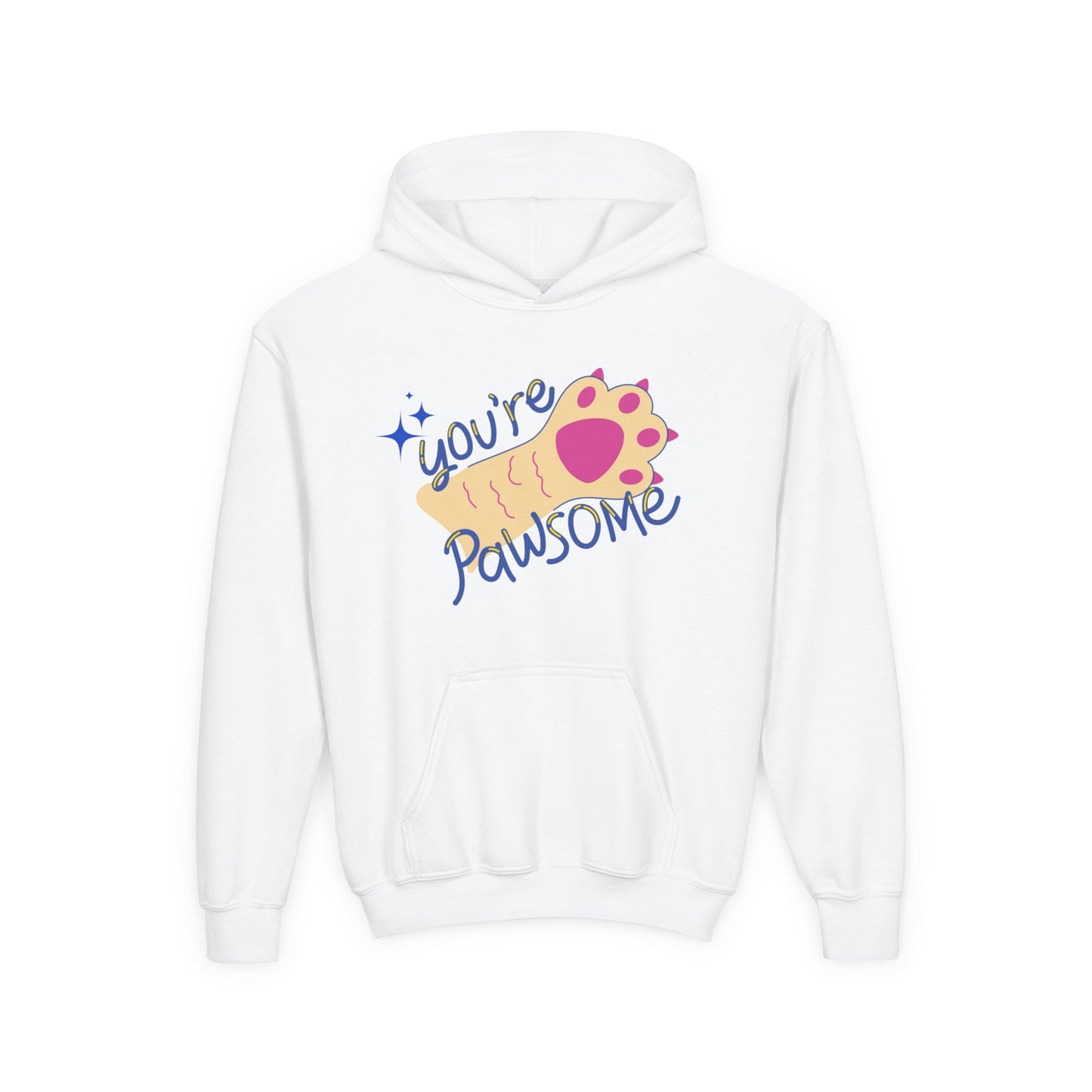 White youth hoodie with cat paw print and text 'You're Pawsome'