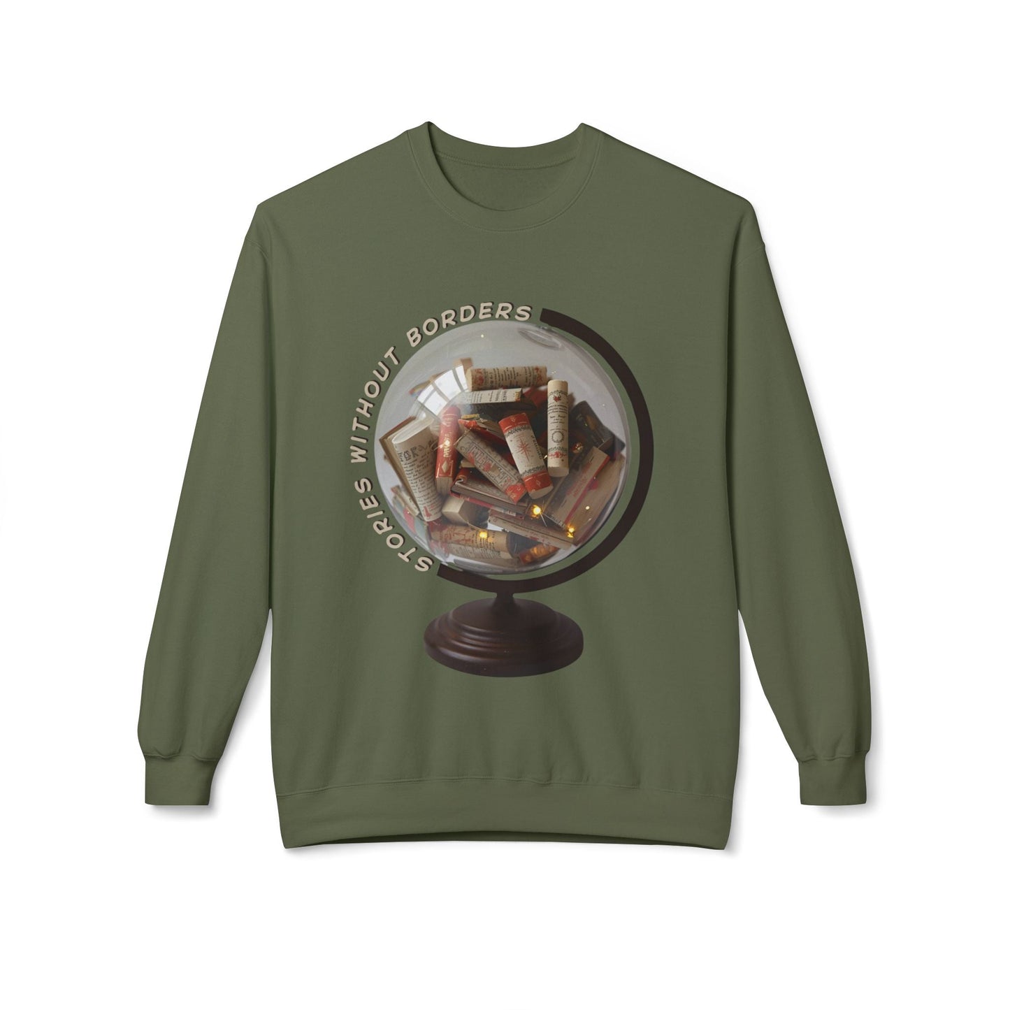 Teen/Adult Unisex Stories Without Borders Sweatshirt – Literary Globe Book Scroll Design Printify