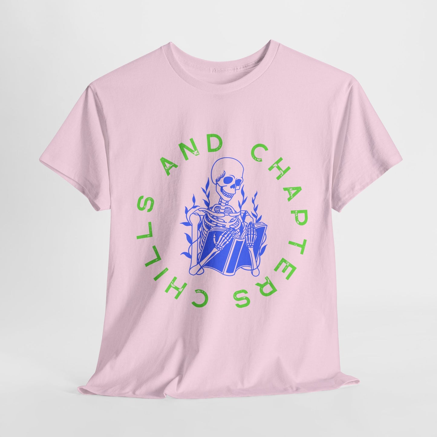 Teen/Adult Unisex Chills and Chapters T-Shirt β Skeleton Horror Reader Graphic Tee