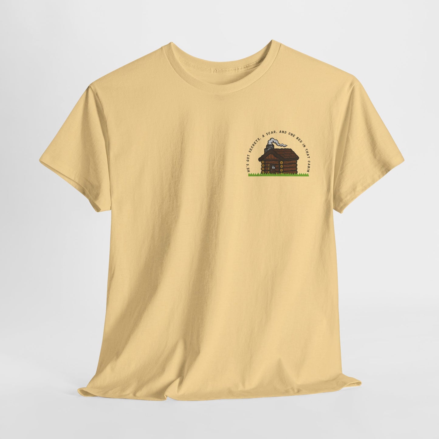 Teen/Adult Unisex Tee – He’s Got Secrets, a Scar, and One Bed in That Cabin (Little Edition)